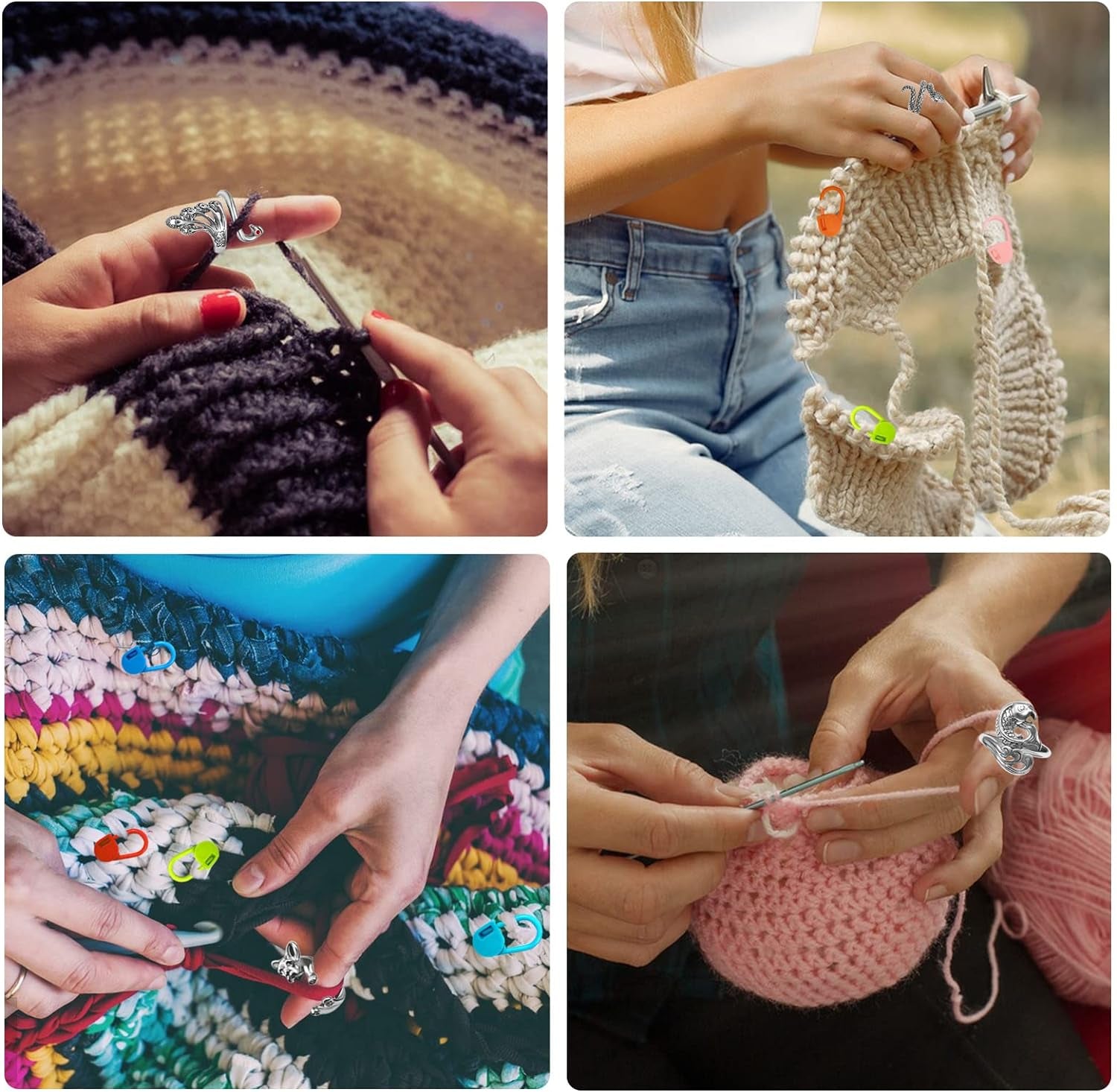 10 Pcs Crochet Rings Crochet Tension Rings for Finger Crocheting Knitting Adjustable Yarn Rings and 10 Pcs Stitch Marks with Plastic Box for DIY Craft