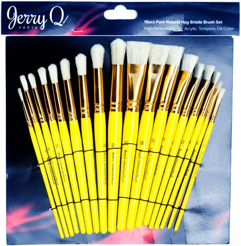 18 Pcs Pure Natural Hog Bristle Brush Set for Oil, Acrylic, Tempera. Short Wood Handles JQ181