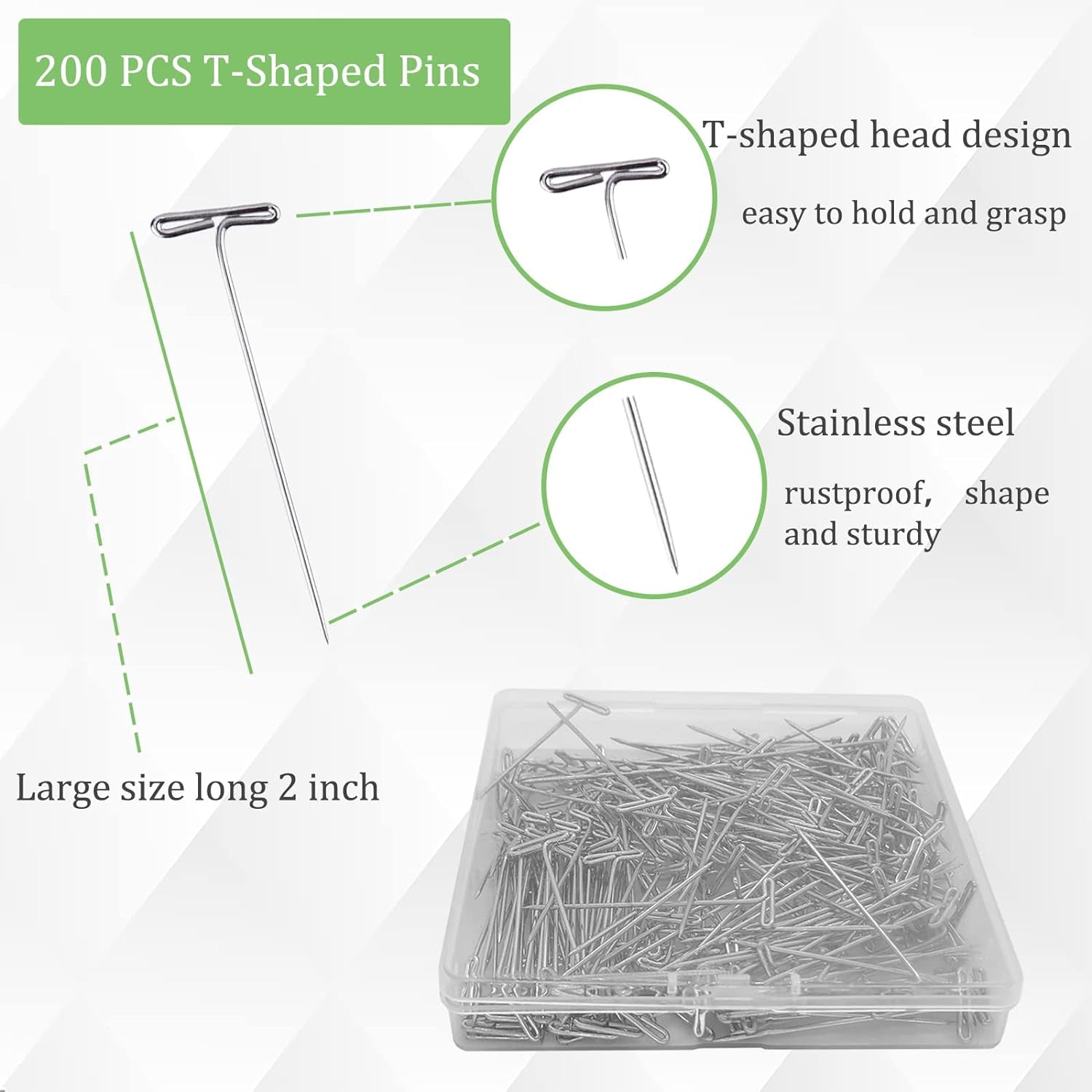 200Pcs T Pins, 2 Inch Sewing Pins, Stainless Steel Wig Pins for Wigs, T-Pins for Foam Head, Long Straight Pins for Sewing, Craft, Quilting and Blocking Knitting, Office, Decoration by