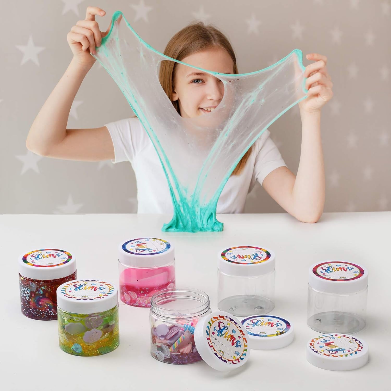 24 Pack 6Oz Slime Containers with Lids Plastic Jars for White Water-Tight Lids and Stickers Mini Storage for DIY Slime Making, Candy, Beads, Art Crafts, Lotion