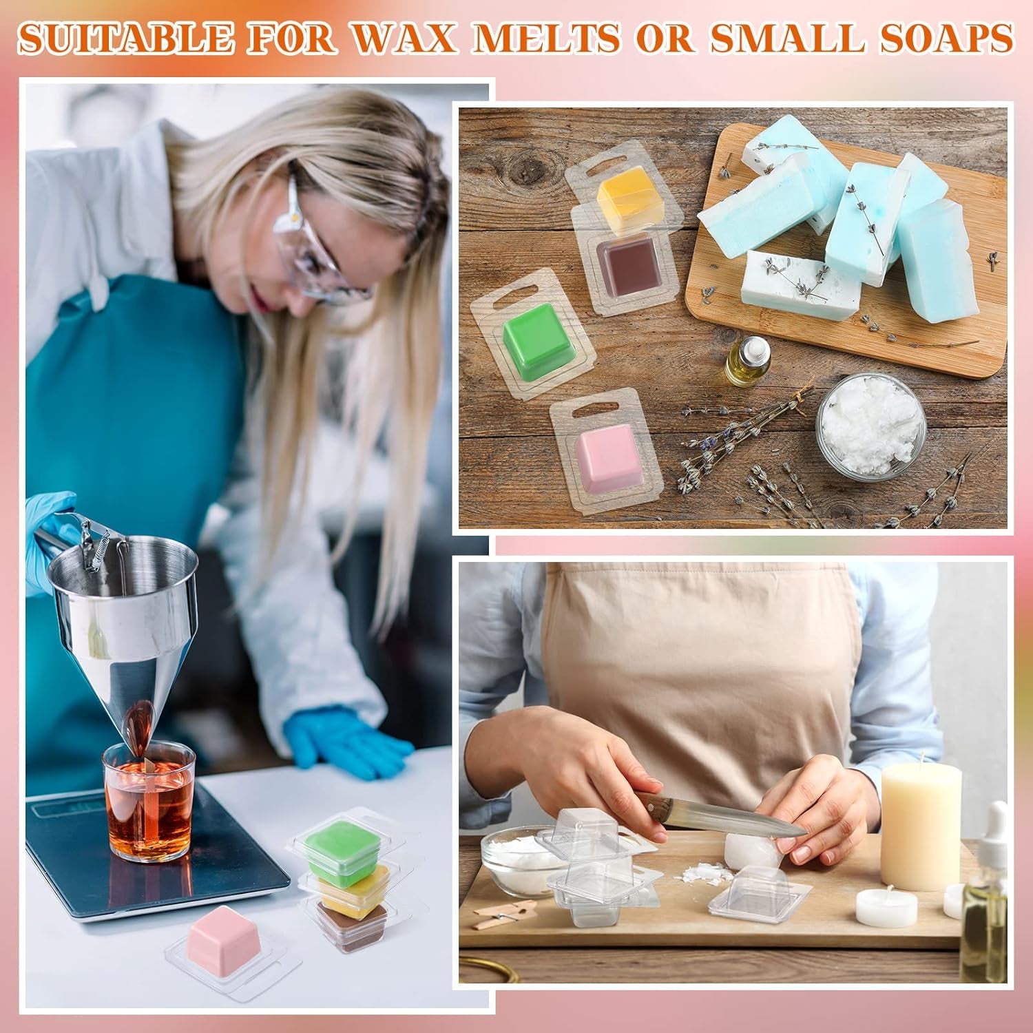 100 Pcs Wax Melt Molds Clear Empty Plastic Wax Melt Clamshells Container Molds PET Single Cube 1 Oz Candle Molds for DIY Chocolates Wax Melt Wickless Candles Soap Making