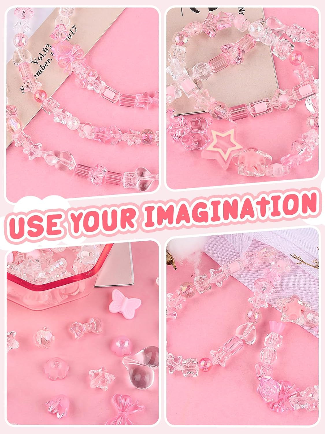 150PCS Acrylic Pastel Beads for Jewelry Making,  Colorful Bow Butterfly Flower Kawaii Plastic Candy Heart Cute Macaroon Aesthetic Beads for Bracelet Necklace DIY Supplies (Pink)