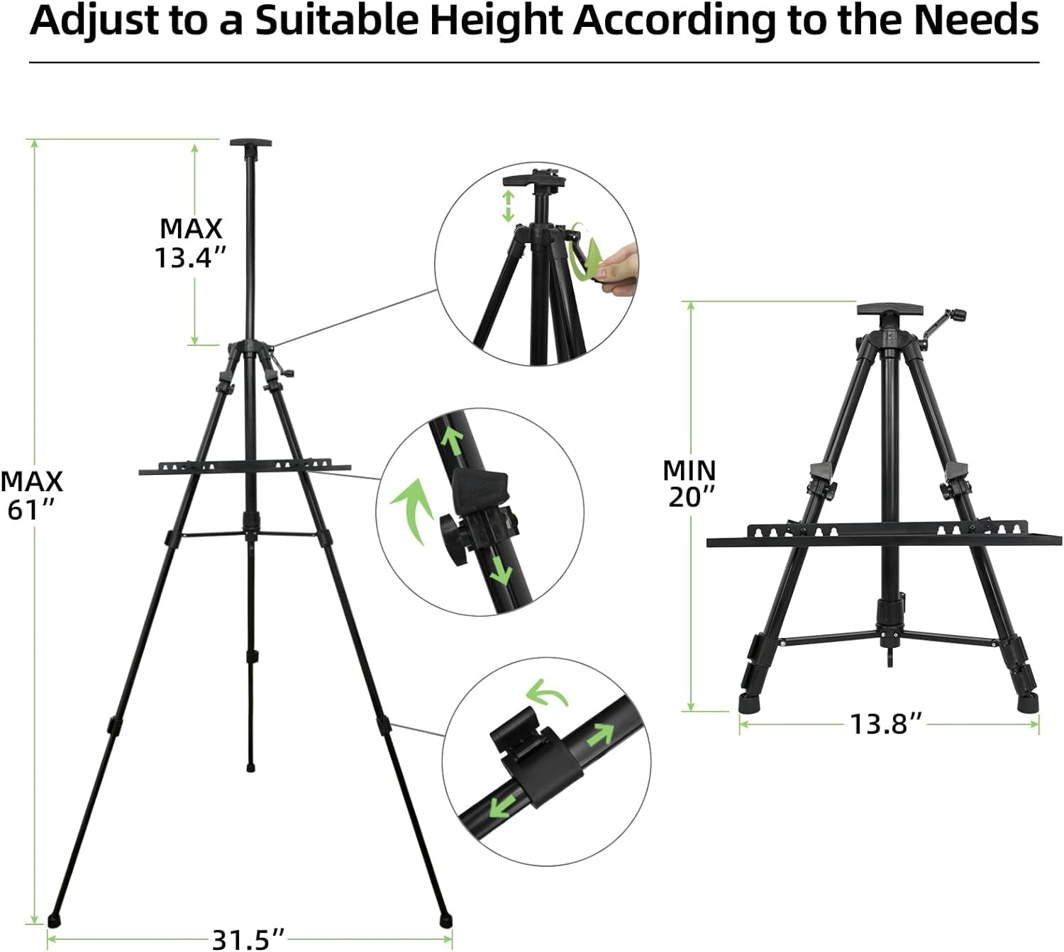 Artist Easel Stand Painting Stand Art Easel, 20"To 61" Art Easel for Painting Canvase &amp; Displaying, Aluminum Adjustable Height Display Tripod with Portable Bag/Folding Keg/Apron.(Black)