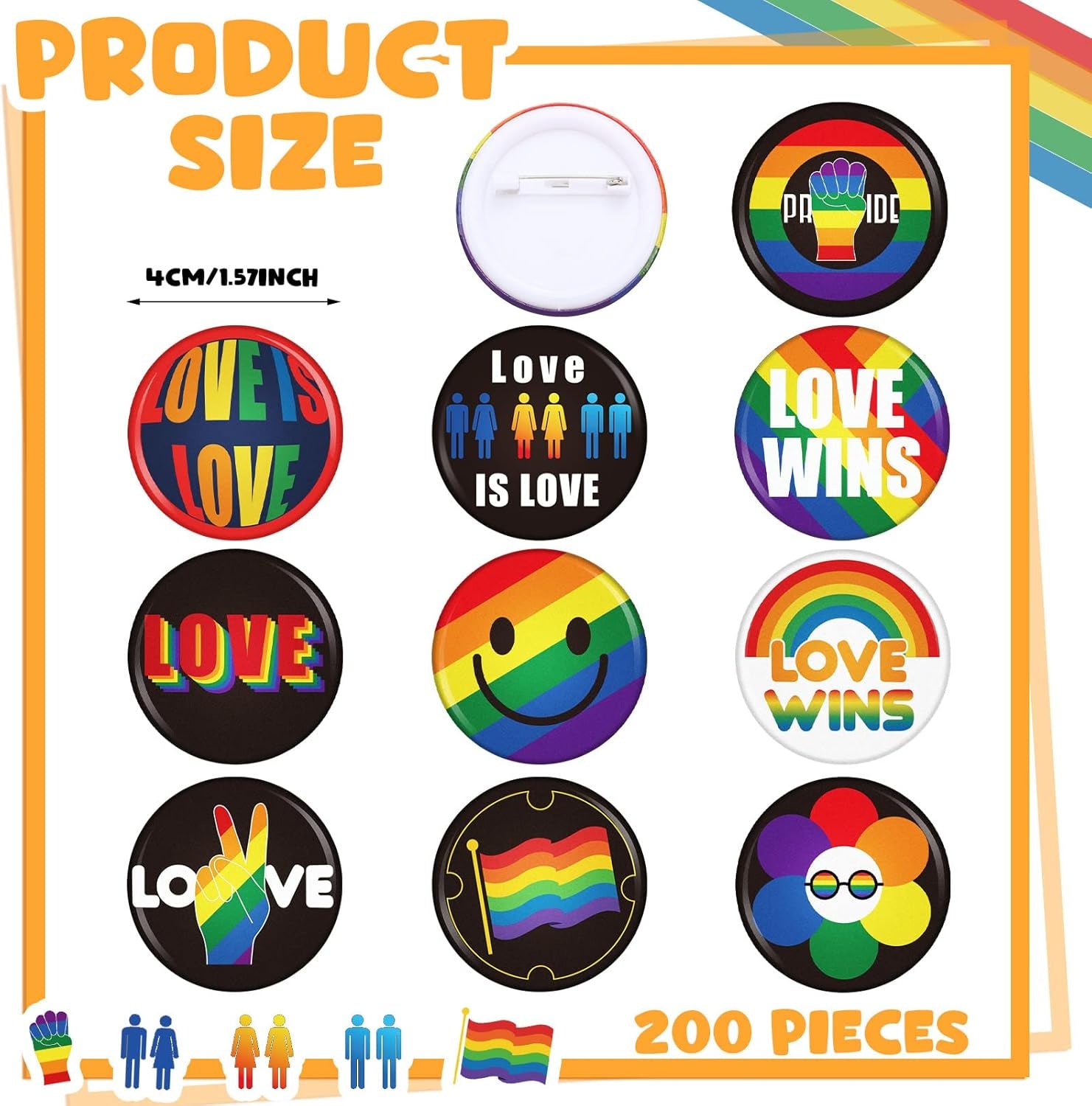 200 Pieces Pride Pins Pride Day Rainbow Buttons LGBT Pins Brooch for Hat Shirt Clothing Bag Decoration Party Supplies, 10 Styles