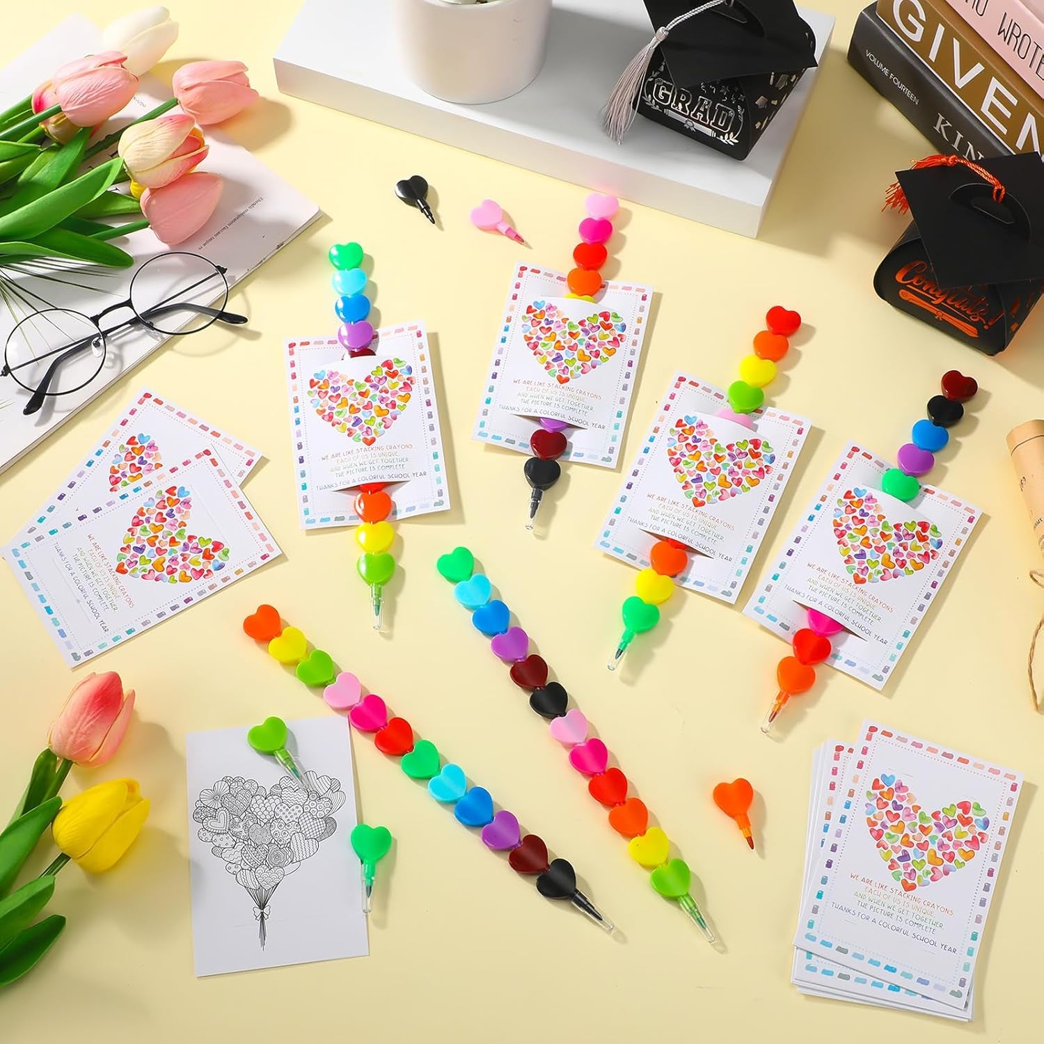 50 Sets End of Year Student Gift Stackable Crayons and Coloring Card Kindergarten Graduation Gift Bulk 2024 Congrats Grad Last Day of School Party Favor for Preschool Students(Heart)