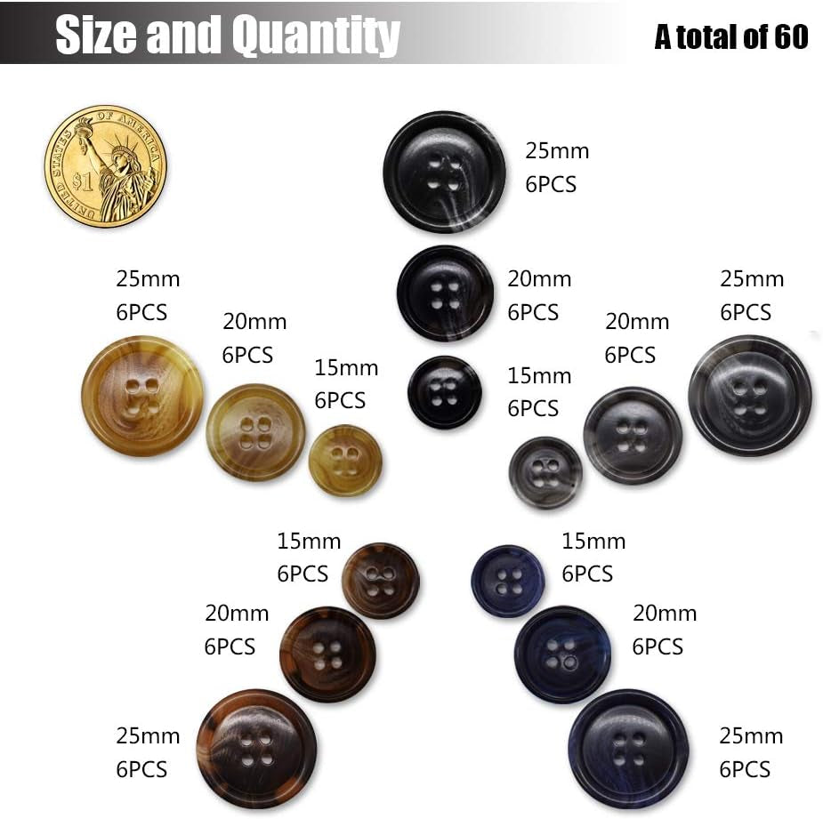 90Pcs Faux Buffalo Horn Suit Coats Buttons 5 Color 3 Size (15MM, 20MM, 25MM) for Jacket Sleeves and Pants Sport Coat Uniform by  (5 Color)