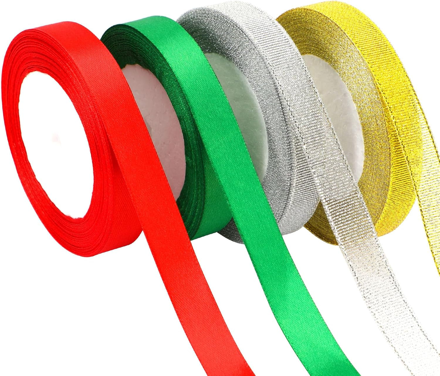 4 Rolls 100 Yards Christmas Ribbons 1Inch Wide Holiday Satin Ribbons Fabric for Gift Wrapping and DIY Craft, Red &amp; Green &amp; Gold &amp;White