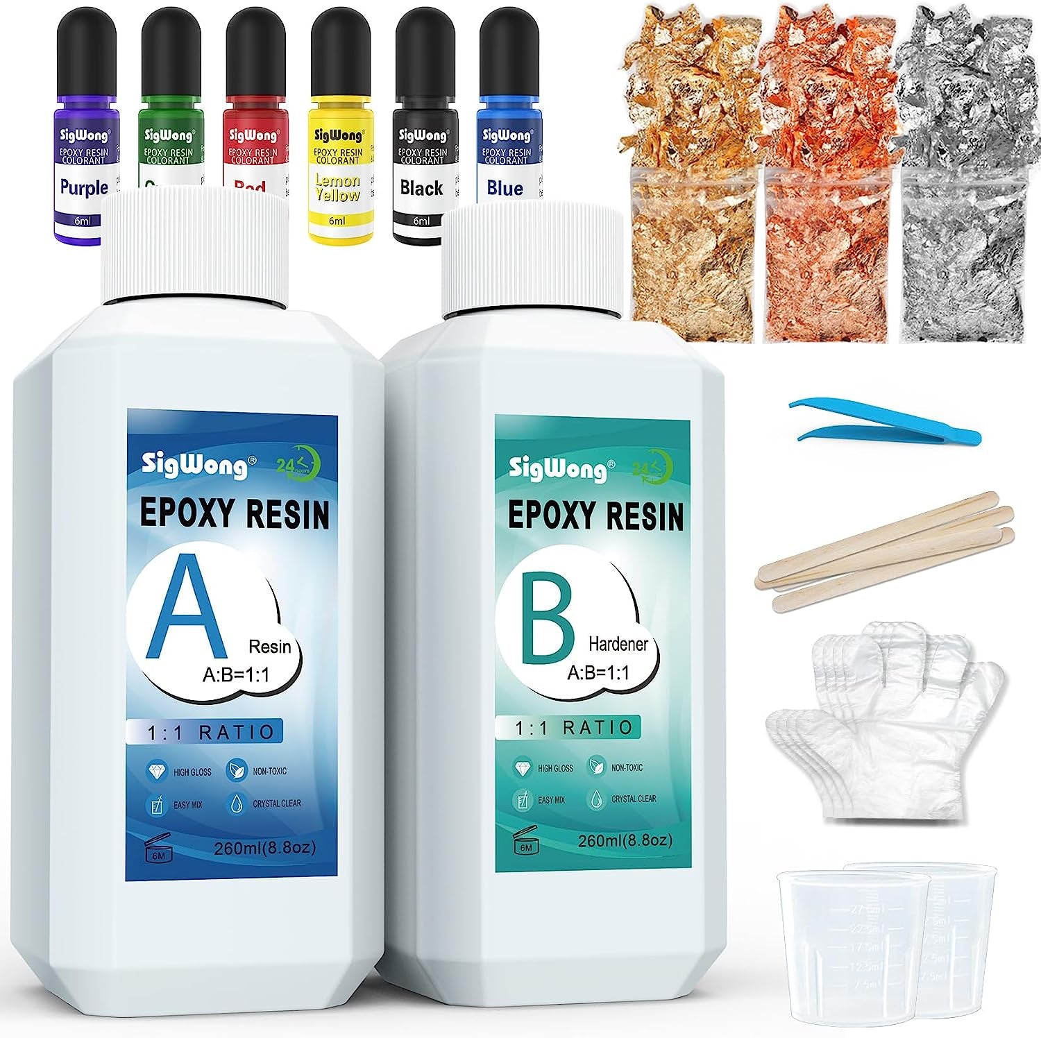 Epoxy Resin - 17.6OZ Crystal Clear Coating Kit, Not Yellowing No Bubble Easy Mix 1:1 Ratio, 2 Part Casting Resin for Art, Craft, Jewelry Making, River Tables, with Pigment, Gold Foil Flakes