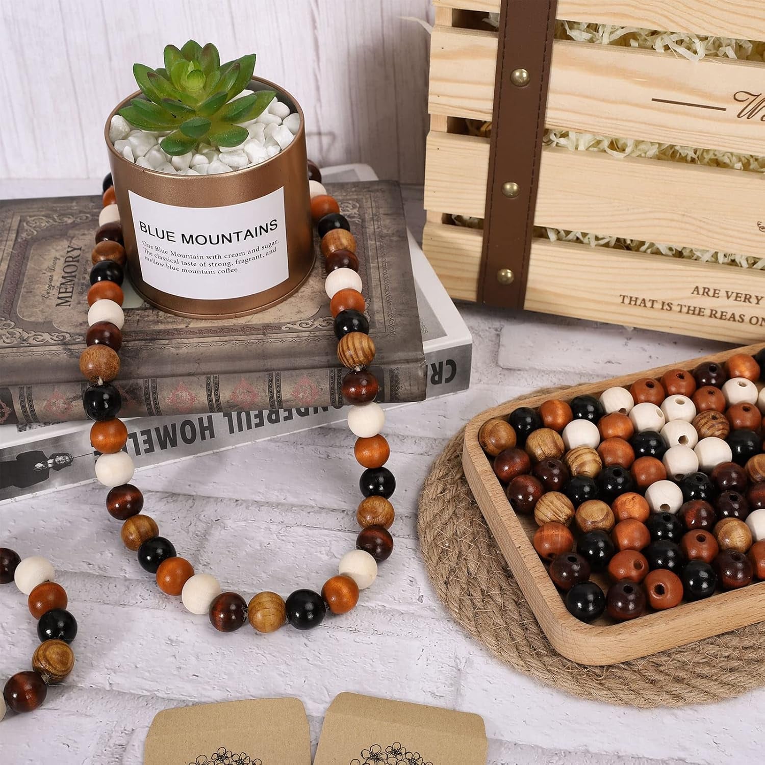 240Pcs Farmhouse Rustic Fall Wood Beads Natural round Wooden Beads Colorful Wood Beads with Hemp Rope Handmade Polished Boho Beads for Home Decor DIY Crafts Bracelet Necklace Making Supplies
