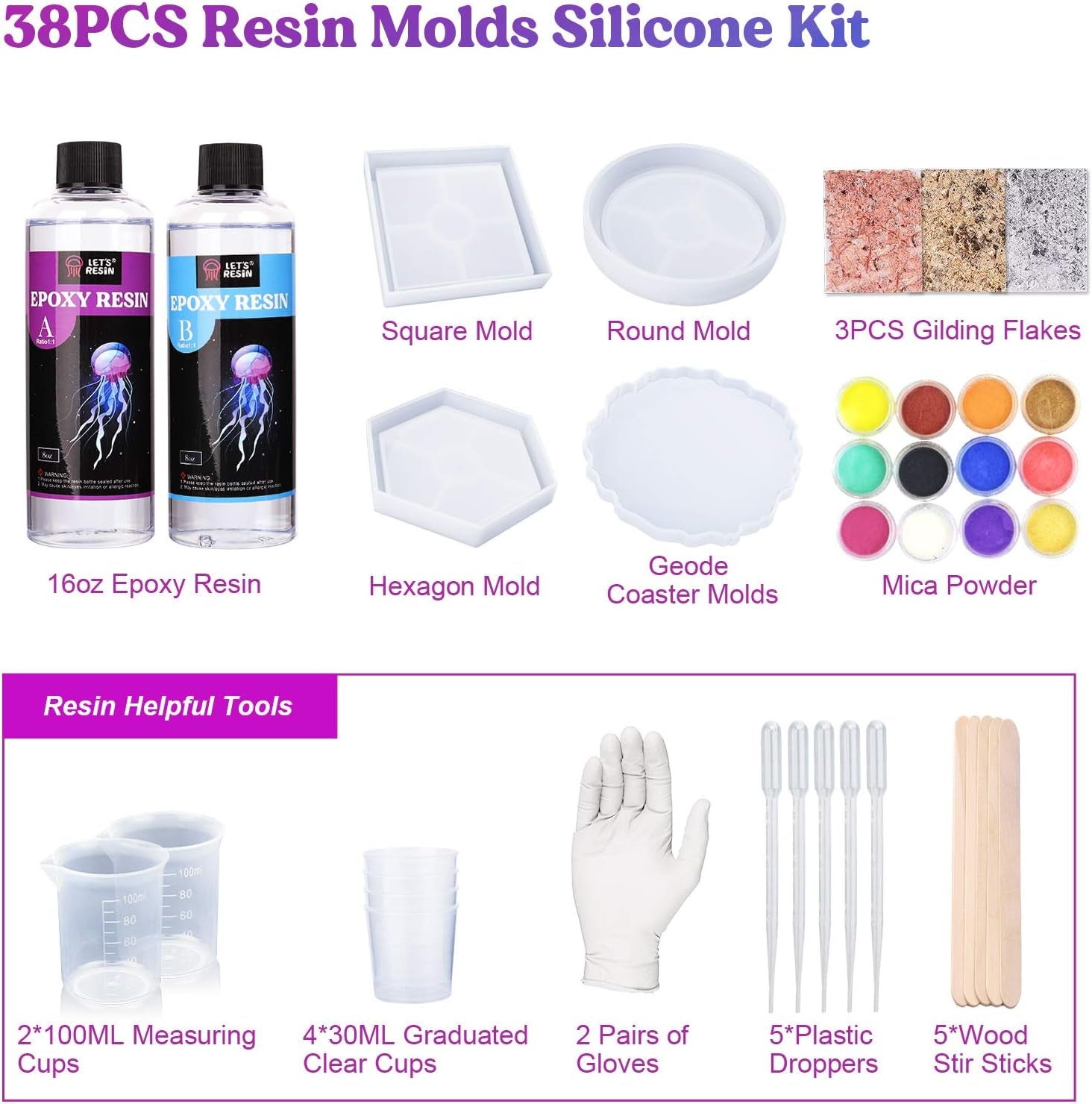 Epoxy Resin,Resin Coaster Molds Kit,16Oz Resin Starter Kit for Beginners,Include Epoxy Resin,Coaster Molds, and Mica Powder for Resin Casting, Ideal Christmas Gift Set