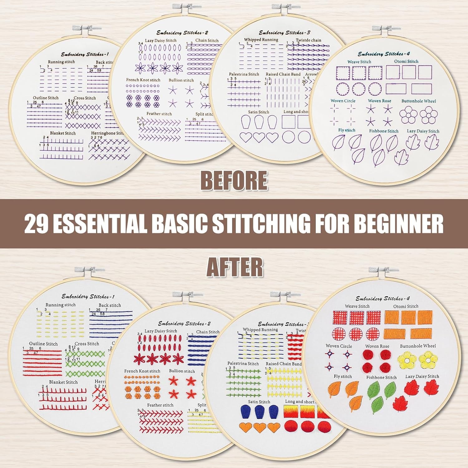 4 Sets Embroidery Kit for Beginners Adults &amp; Kids to Learn 29 Basic Embroidery Stitch Practice Kit,Embroidery Starter Kit for Beginners with Embroidery Patterns, Hoop,Threads,Tools