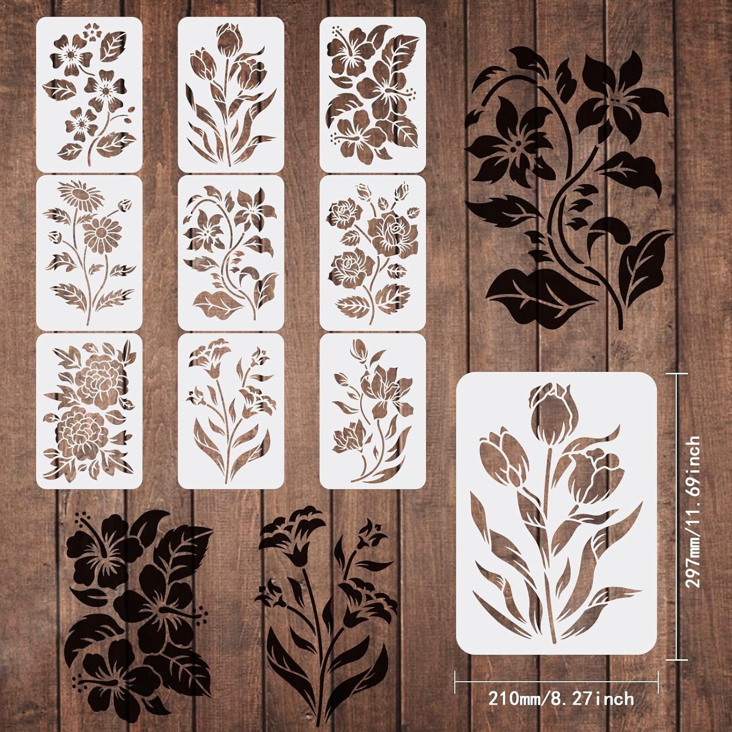 9Pcs Flower Stencils for Painting 11.7X8.3 Inch Flower &amp; Leaves Drawing Template Reusable Flower Stencil DIY Stencils for Painting on Wood, Floor, Wall and Tile