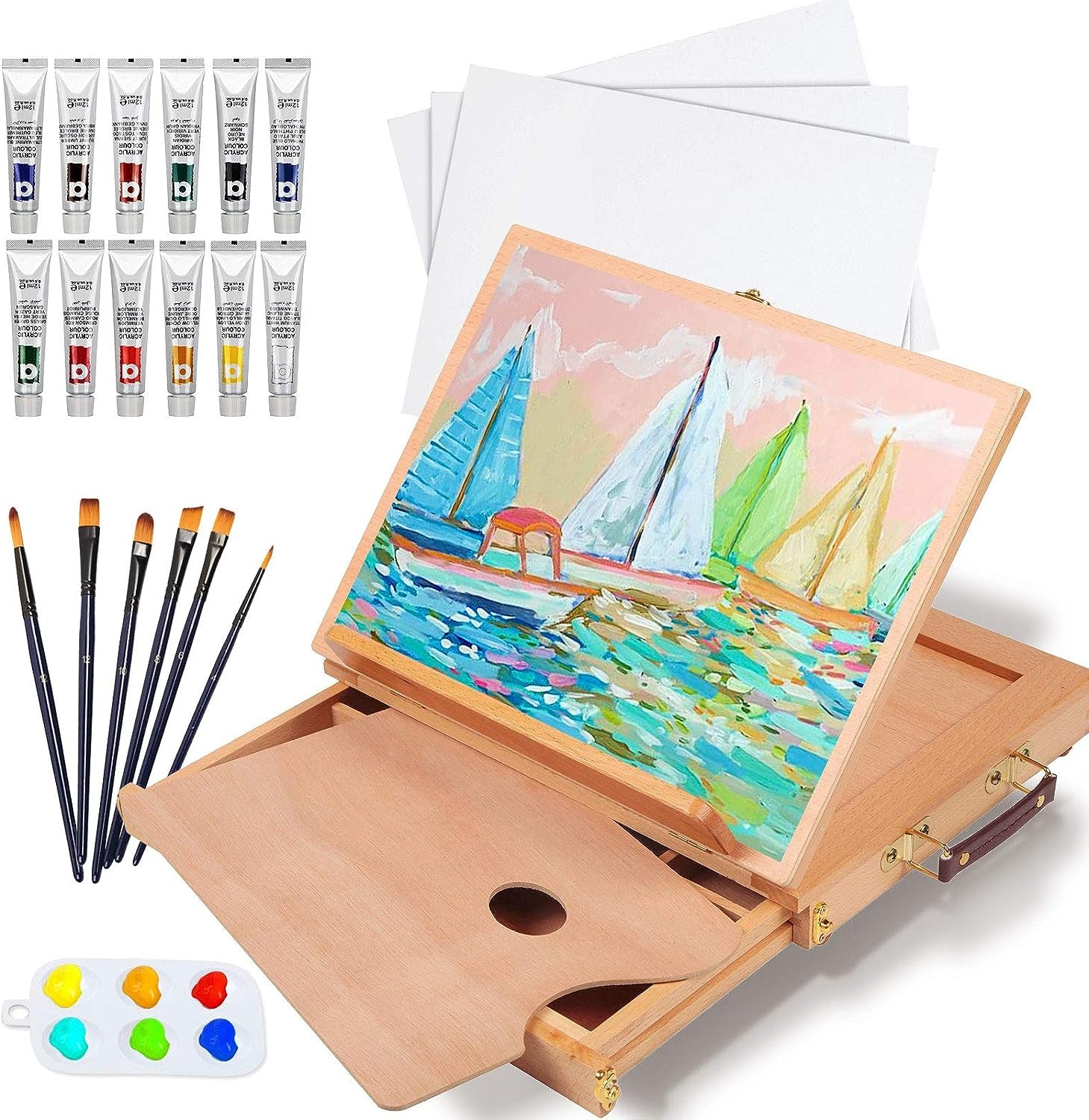 Tabletop Easel Set - 24 Pieces Starter Kit - Artist Acrylic Painting Kit with 12 Acrylic Paints Set, Canvas Panels, Brushes, Wooden Palette for Kids, Adults, Beginners, Professionals