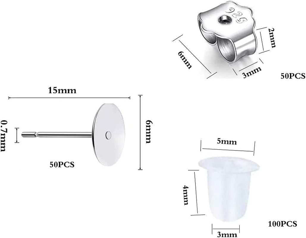 25Pair 925 Sterling Silver Earrings Posts Flat Pad Ear Stud Hypoallergenic Blank Earring Pins with 925 Sterling Silver Earring Backs for Jewelry Making Findings(6Mm)