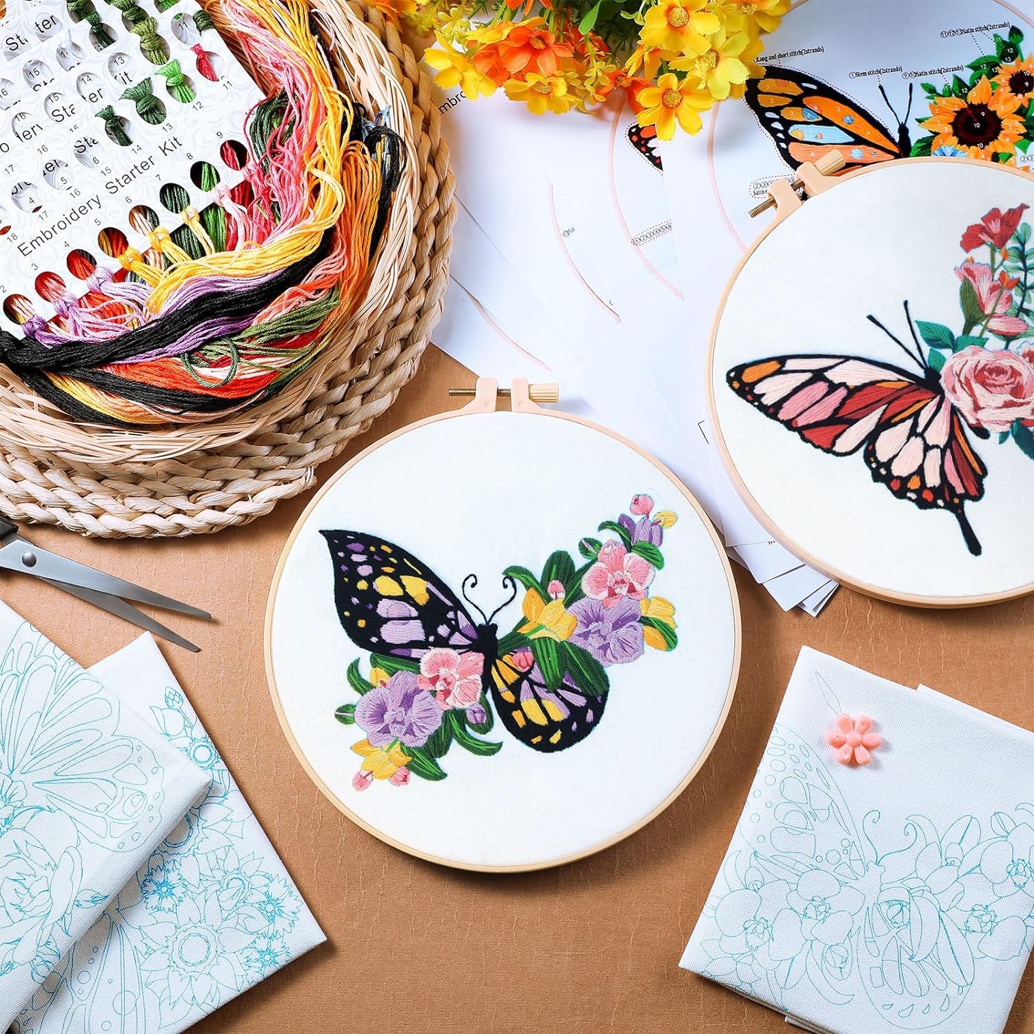 5 Sets Embroidery Beginners Kit with Butterfly Flower Patterns and Instructions Cross Stitch Kits for Starter DIY Adult Kids Butterfly Pattern Embroidery Set with Cloth Hoops Needles Threads