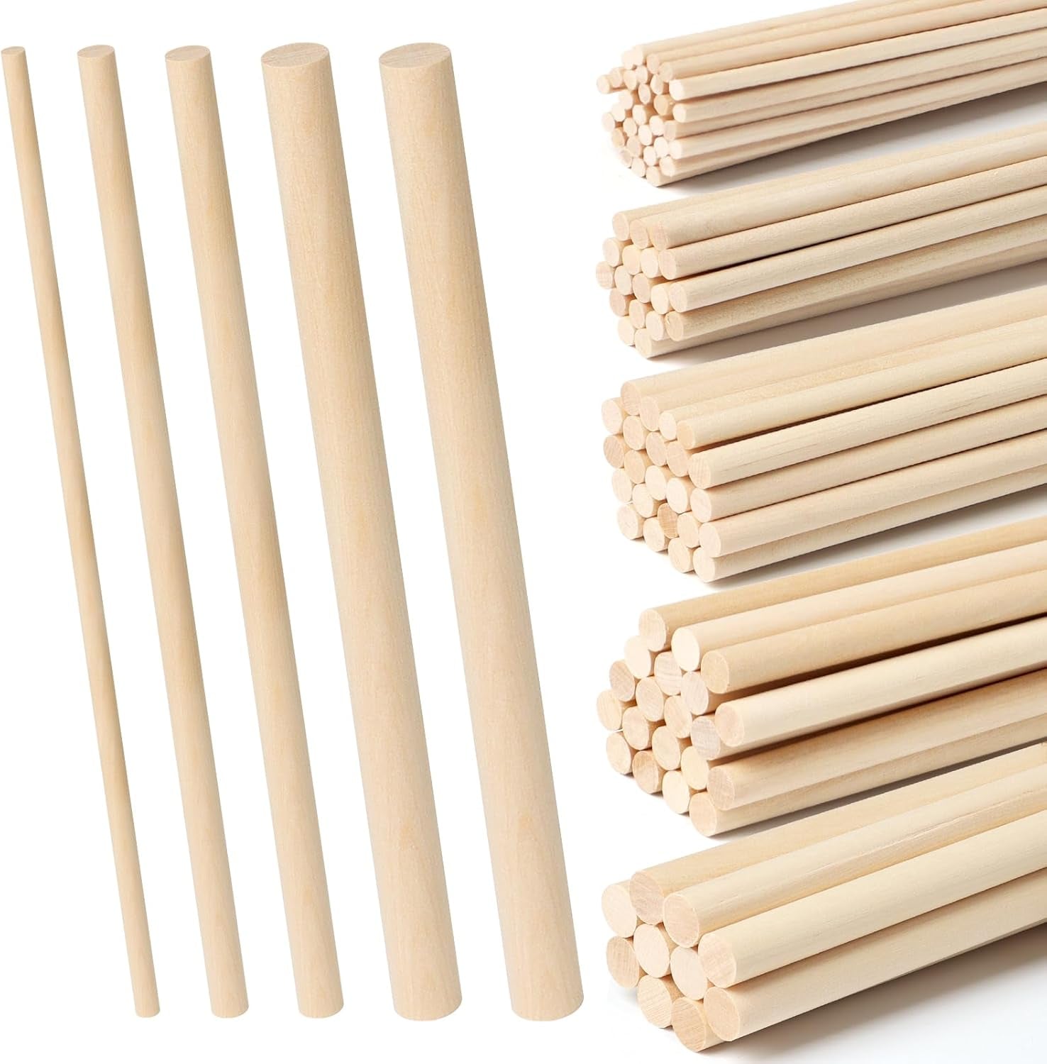 100 Pieces Wooden Dowel Rods Assorted Sizes Wooden Dowels 1/8, 3/16, 1/4, 5/16, 3/8 X 6 Inch Wood Craft Dowel Rods for Crafts and DIY