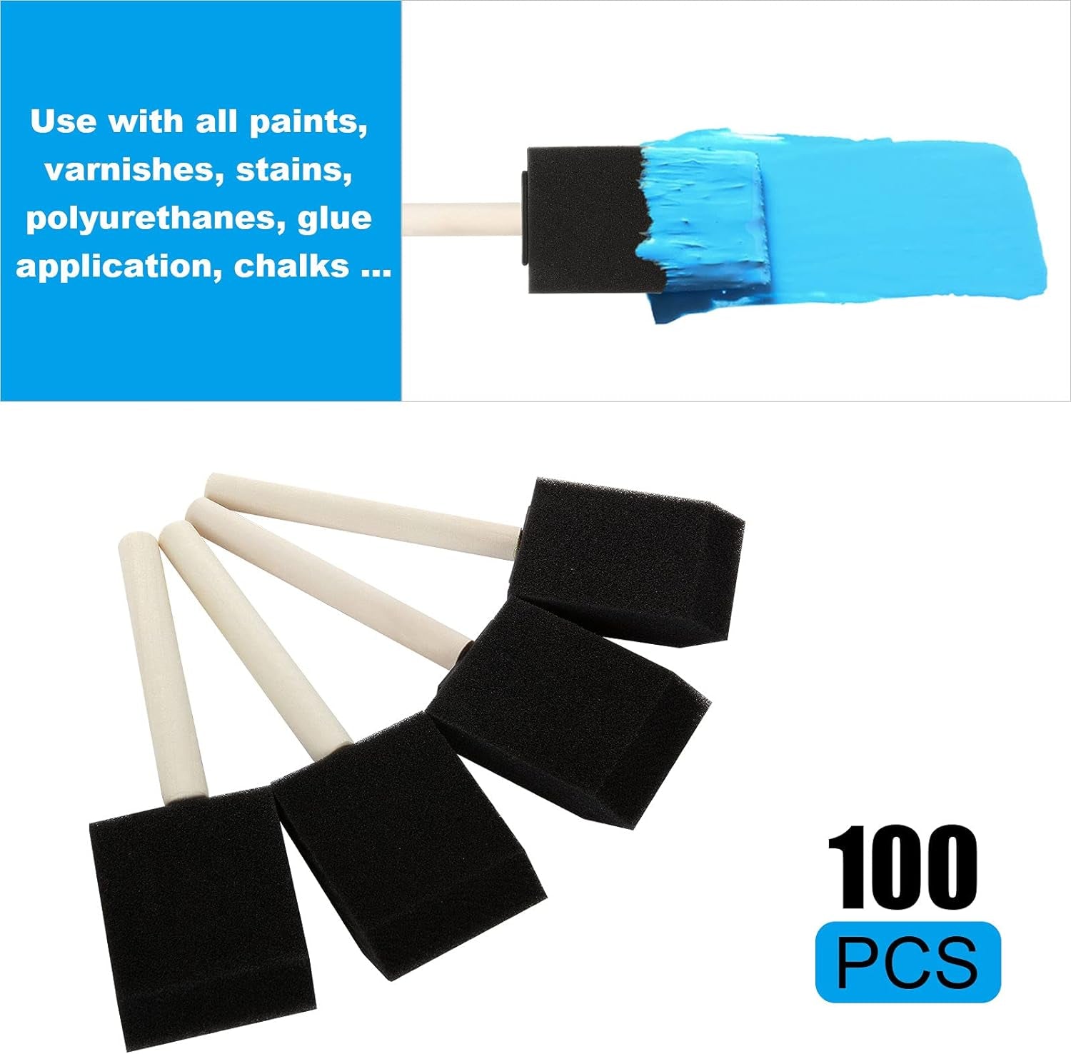 100 Pack 2 Inch Foam Brush Sponge Wood Handle Paint Brush Foam Sponge Brush for Acrylics, Stains, Varnishes, Crafts
