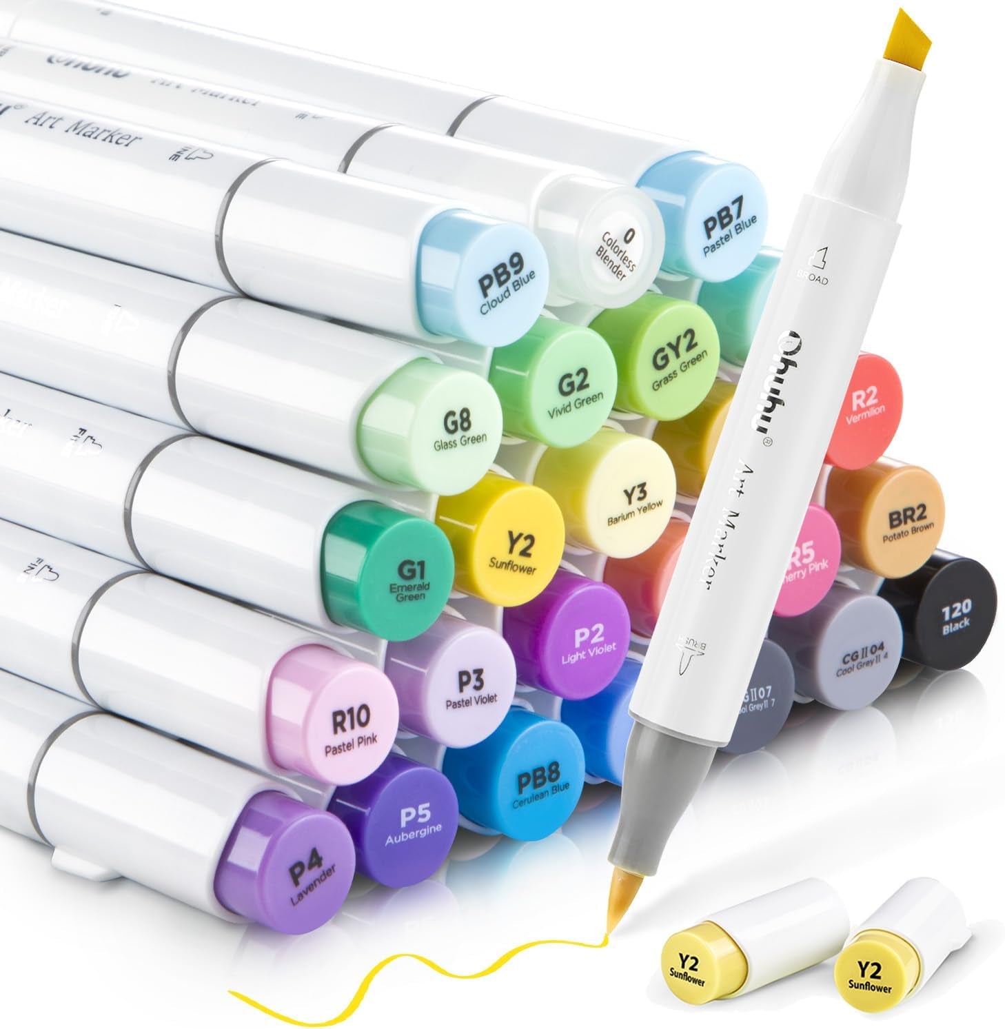 Alcohol Markers Brush Tip, Double Tipped Alcohol Based Art Marker Set for Kids Artist Sketching Adult Coloring Illustration - 24 Basic Colors W/ 1 Colorless Blender - Brush & Fine - Honolulu B