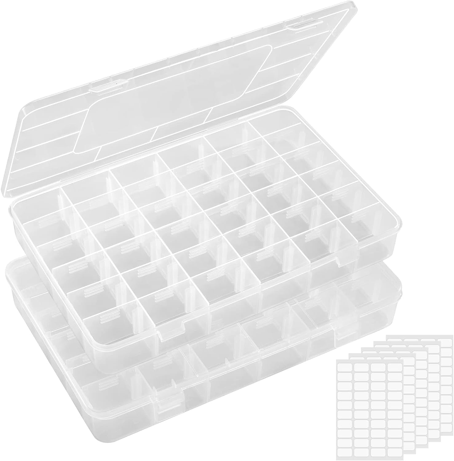 3 Pack 36 Grids Clear Stackable Plastic Organizer Storage Box Container with Adjustable Dividers for Beads, Art DIY, Crafts, Jewelry, Fishing Tackle with 5 Sheet Label Stickers