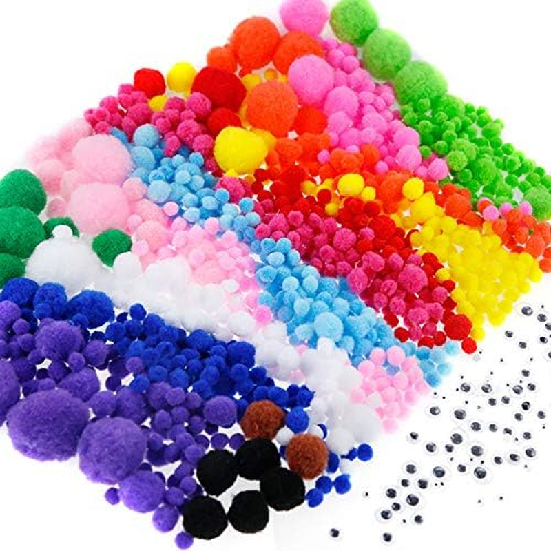 1400PCS 5 Sizes Multicolor Pom Poms Assorted Pompoms Balls with 4 Sizes Wiggle Eyes for Kids Creative DIY, Crafts Projects Making and Valentine'S Day Decorations