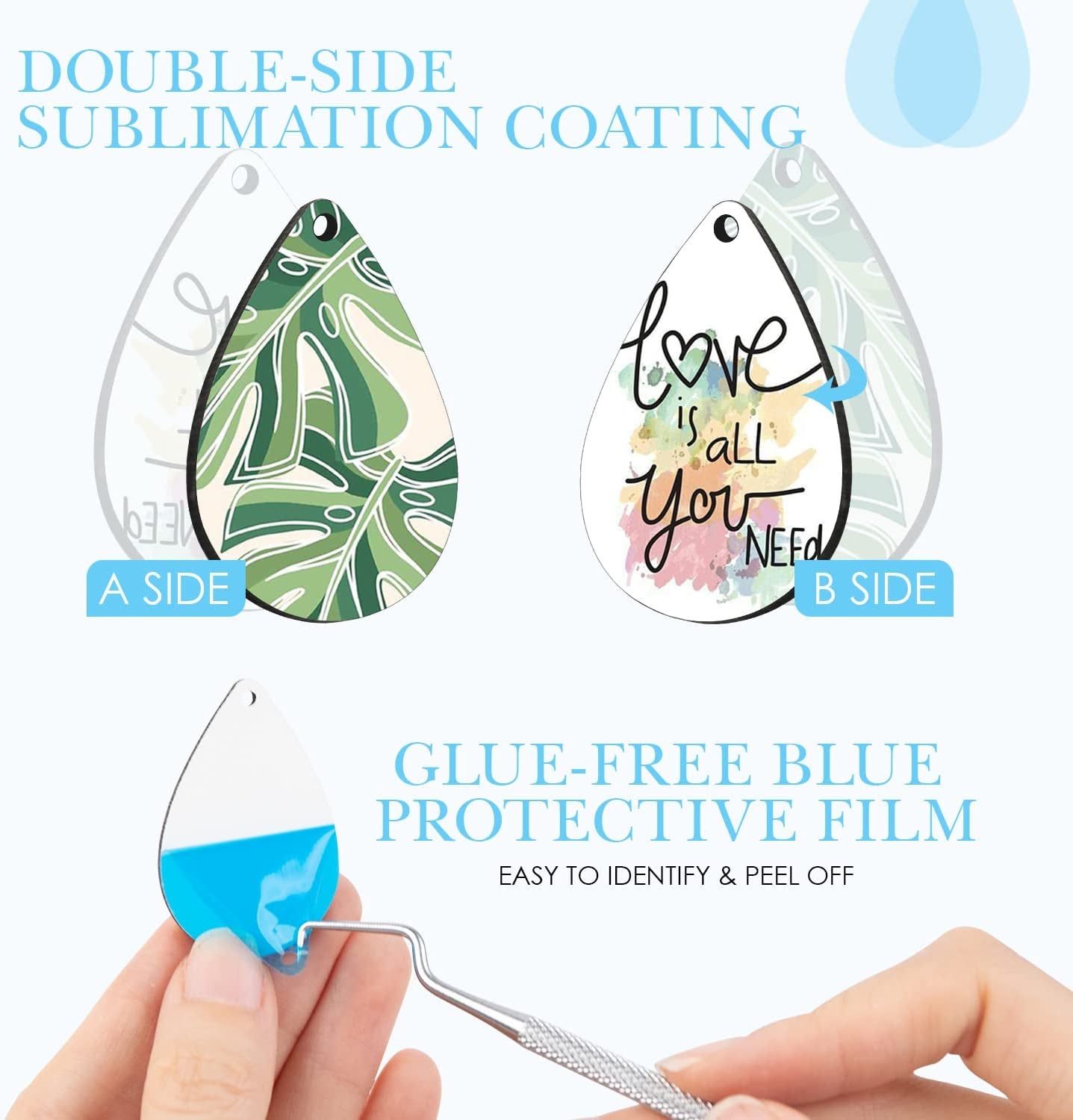 Sublimation Earring Blanks Bulk - 30 Pcs Wood Earrings Blanks with Blue Protective Film - Unfinished MDF Teardrop Earrings for Sublimation Printing with Template, Weeder, Hooks, Jump Rings