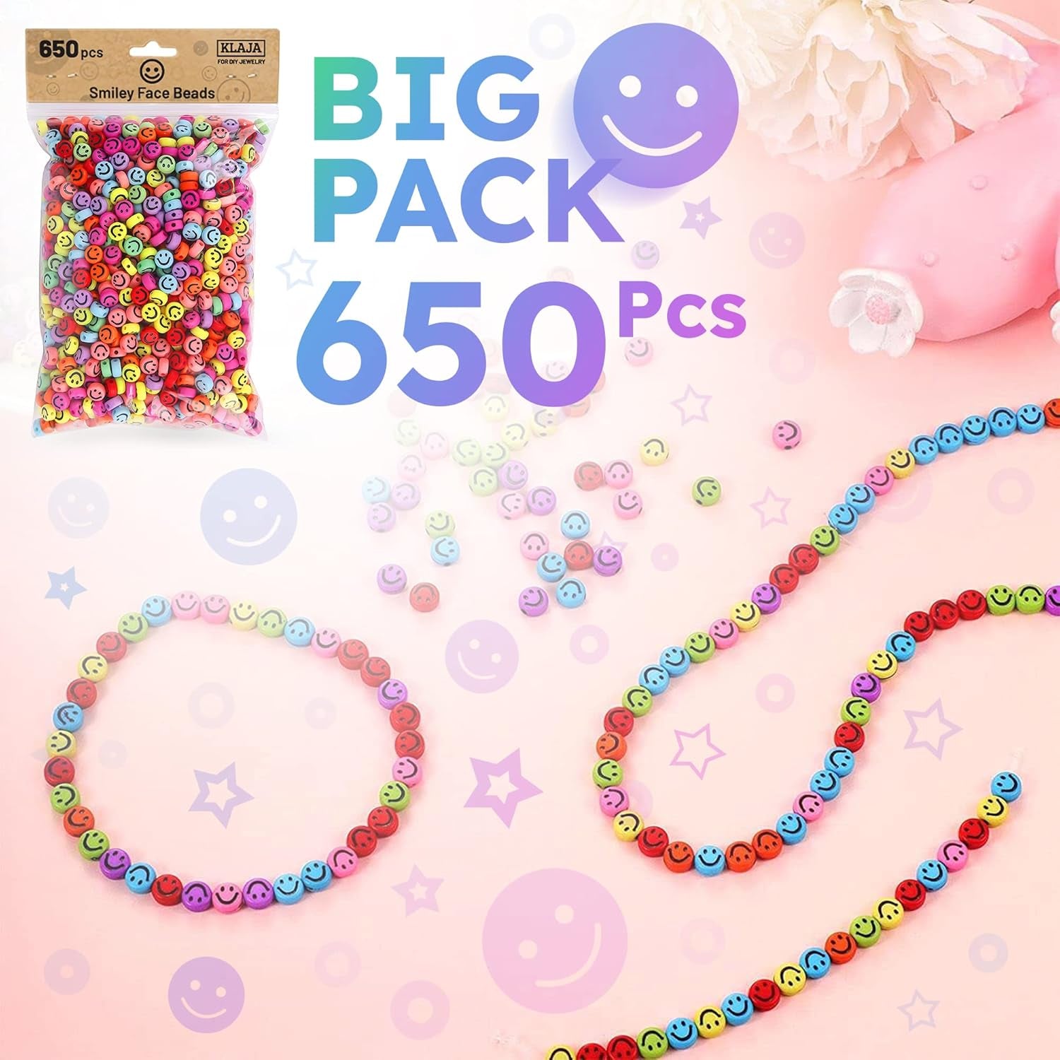 650 Pcs of Smiley Face Beads, 7X4 Mm, Big Pack | Mixed Colorful Beads, Happy Face Beads for DIY Jewelry Bracelet Earring Necklace Craft Making Supplies