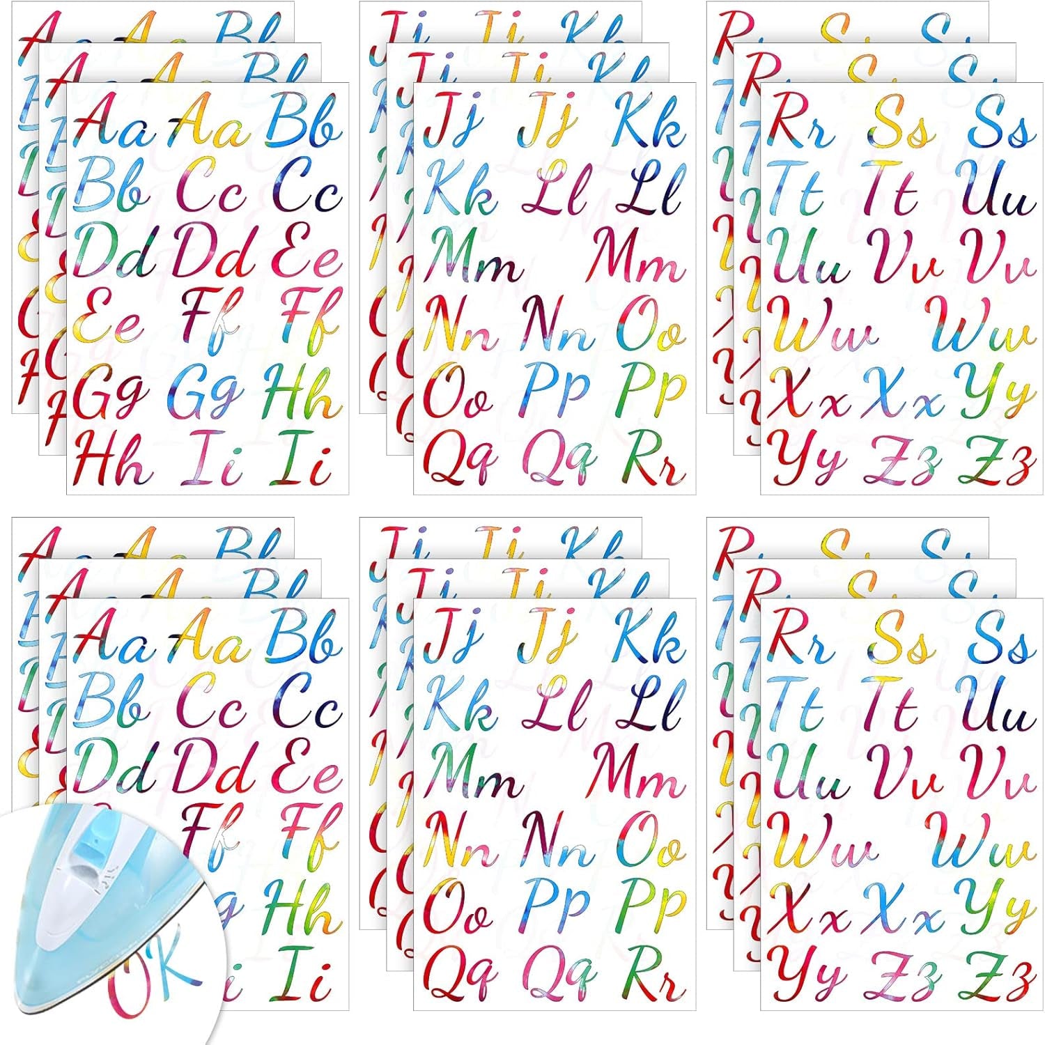 18 Sheet Iron on Letters Tie Dye Iron on Letters Flock Letters A-Z Letter Transfer Vinyl Letters Cursive Heat Transfer Letters for T Shirts Clothing Stockings Printing DIY Crafts Decorations