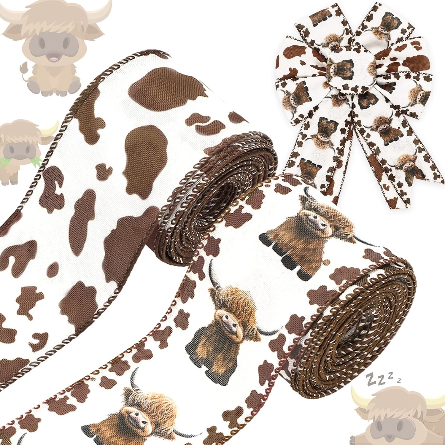 Highland Cow Wired Edge Ribbon Cow Print Craft Ribbon White Brown Fabric Ribbon for Wreath Bow Making DIY Crafts Wrapping Party Decor Supplies, 2 Rolls, 20 Yard