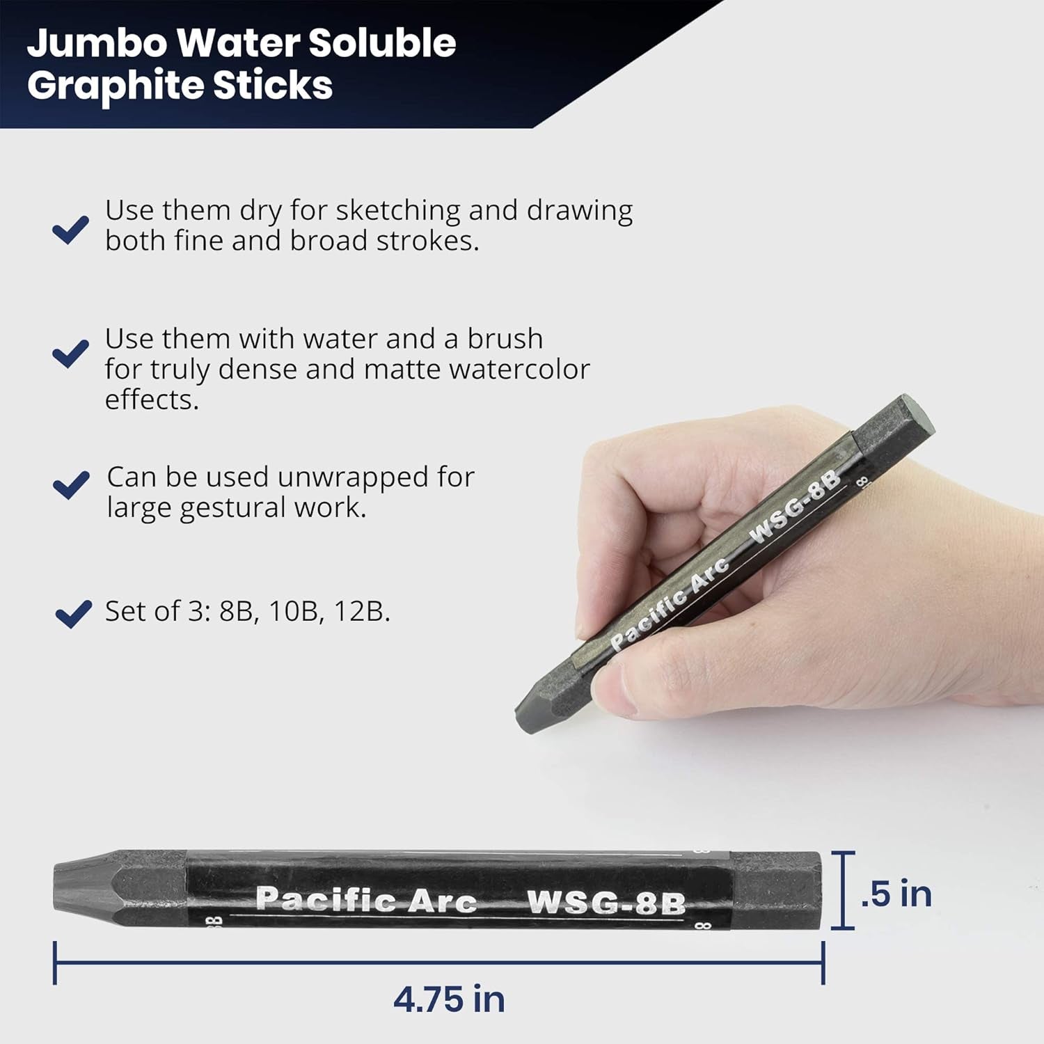 Jumbo Water Soluble Graphite Sticks Set of 3, Soft 12B, 10B, 8B