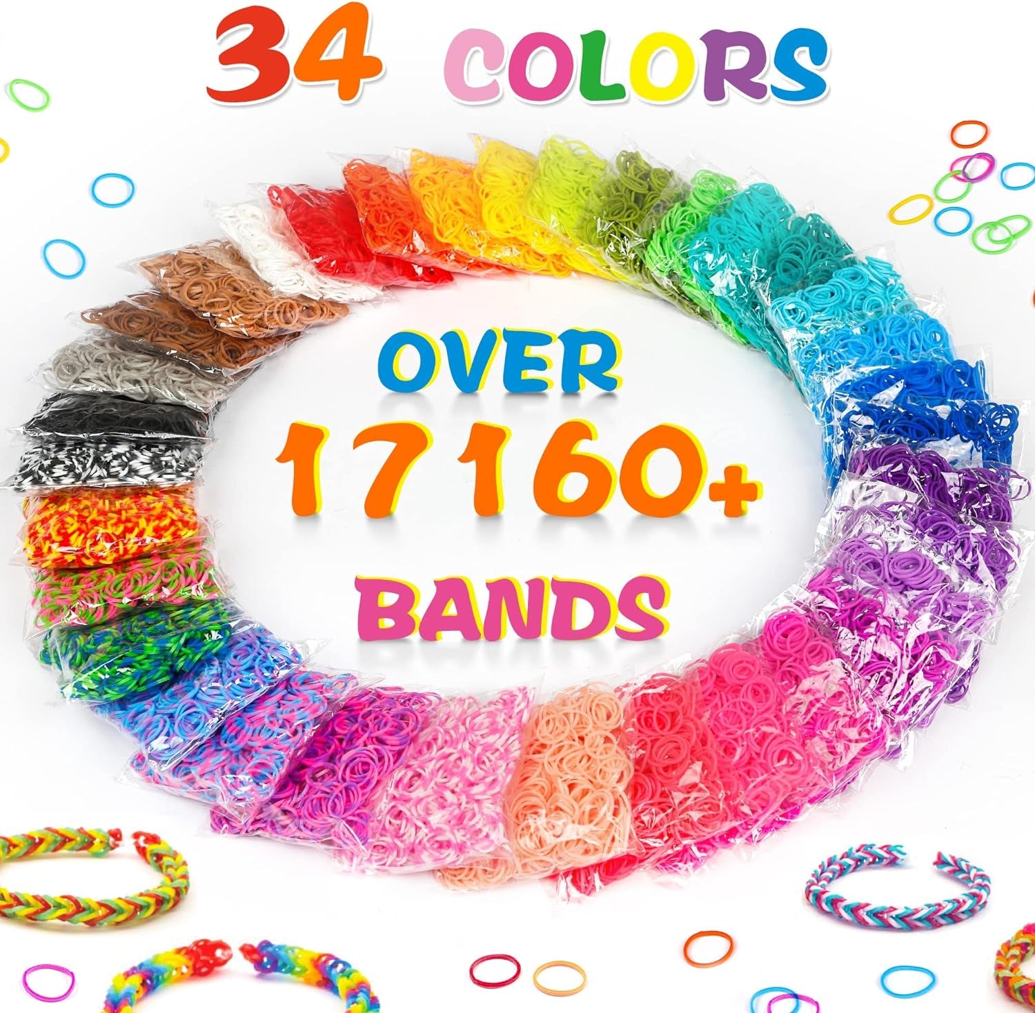 17160+ Loom Rubber Bands Refill Kit in 34 Color with 600 Clips,6 Hooks,1 Instruction, Premium Bracelet Making Kit for Kids Weaving DIY Crafting Gift