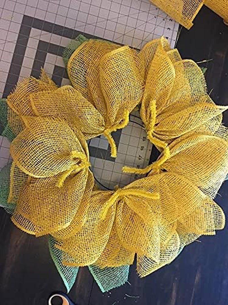 4 Rolls Poly Burlap Deco Mesh 10 Inches Kit for DIY Front Door Sunflower Wreath Zip Ties Chenille Stems Included (Yellow-Green-Burlap)