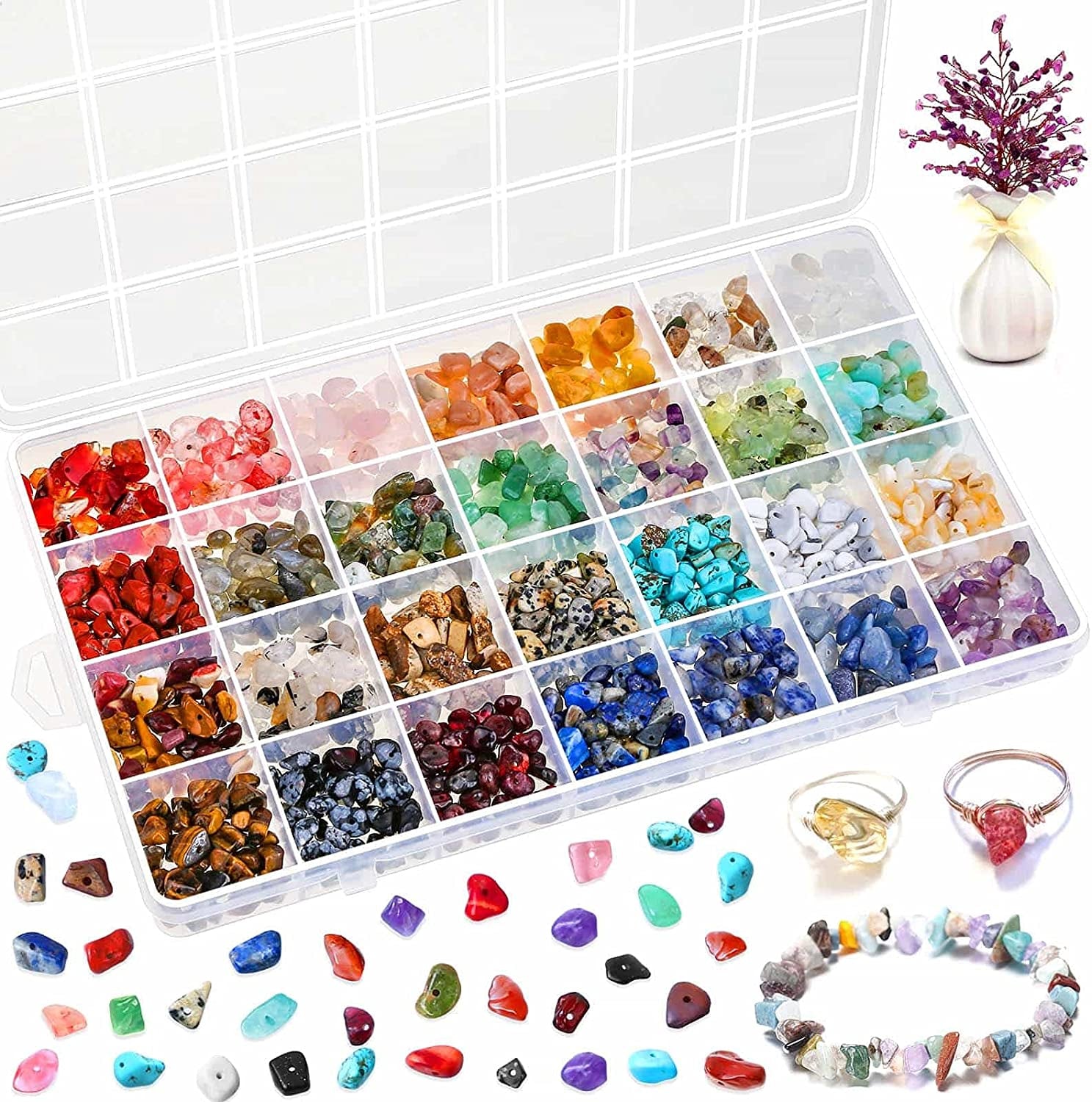 Crystal Beads for Ring Making, 28 Colors Chips and Gemstone Beads, Ring Making Kit with Plastic Box for Jewelry, Bracelets, Earring Making Supplies