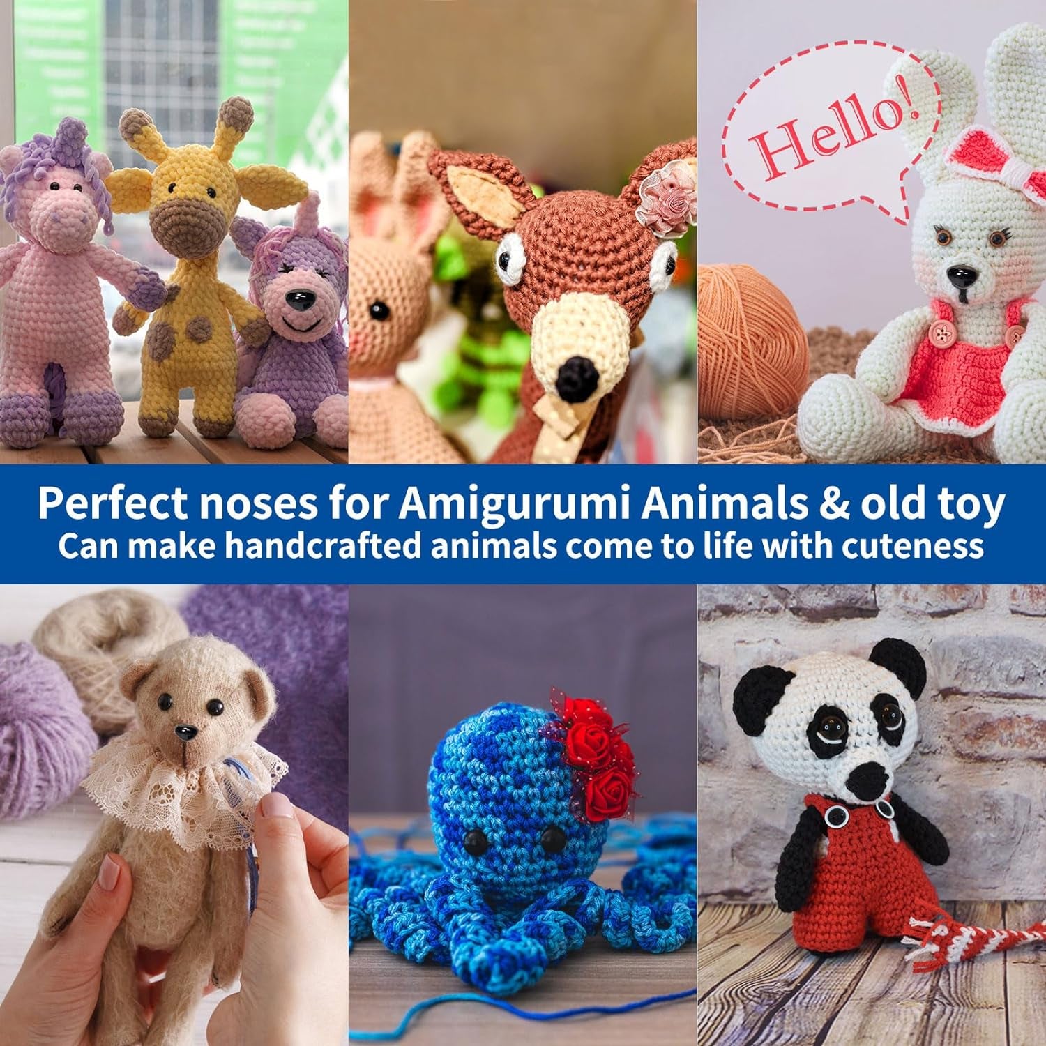 Safety Noses for Crochet Animals Amigurumi 15-30Mm - 4 Sizes Stuffed Animal Noses with Washers, 50Pcs Plastic Black Teddy Bear Nose for Crocheting Doll Crafts Plushies