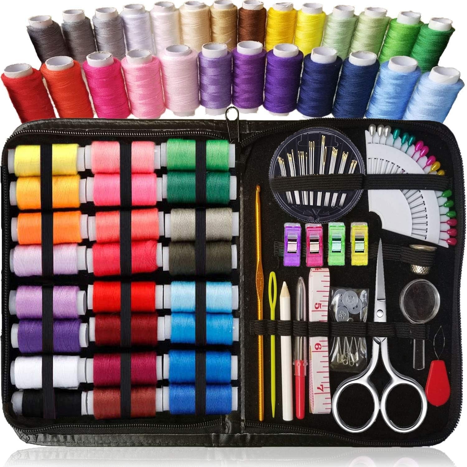Sewing Kit for Adults and Kids - Small Beginner Set W/Multicolor Thread, Needles, Scissors, Thimble &amp; Clips - Emergency Repair and Travel Kits - Sewing Accessories and Supplies