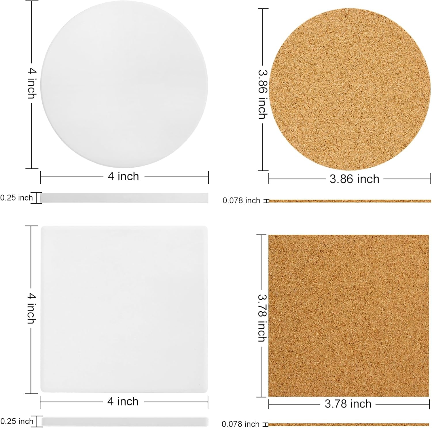 Ceramic Tile for Crafts Coasters, 24 Pack White Tiles Unglazed 4 Inch with 24 Pack Cork Backing Pads Includes Square and round Ceramic Coasters for DIY Arts Craft Project Coasters (24)