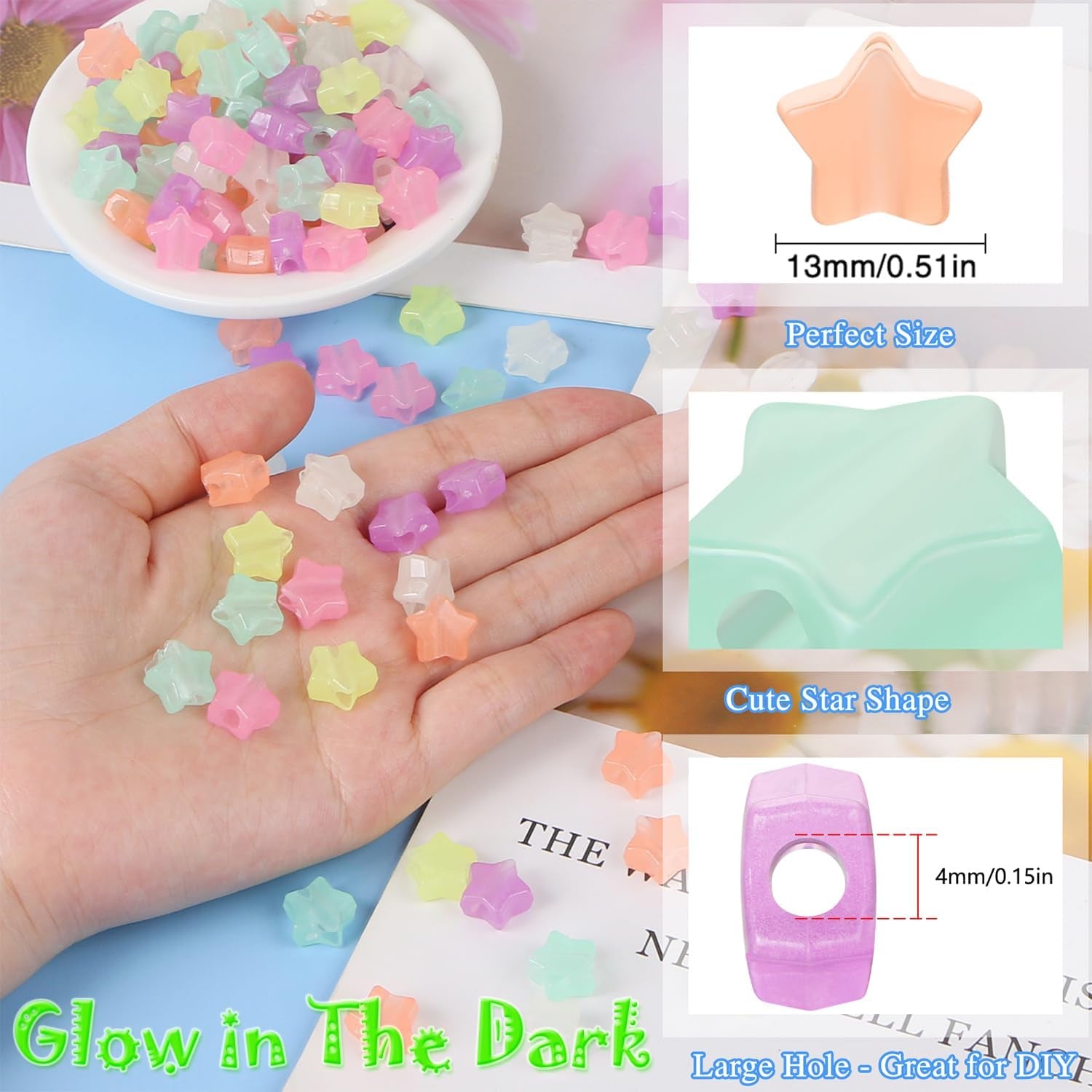 200 Pcs Glow in Dark Star Beads for Jewelry Making, Luminous Star Pony Beads Bulk with Box, 13Mm Star Beads Charms, Glow in Dark Beads for DIY Crafts Bracelet