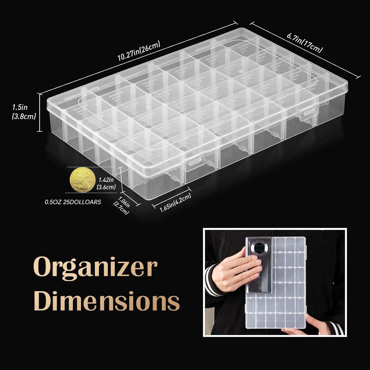 5 Pack 36 Grids Clear Plastic Organizer Storage Box Container, Craft Storage with Adjustable Dividers for Beads, Art DIY, Crafts, Jewelry, Fishing Tackle with Label Stickers