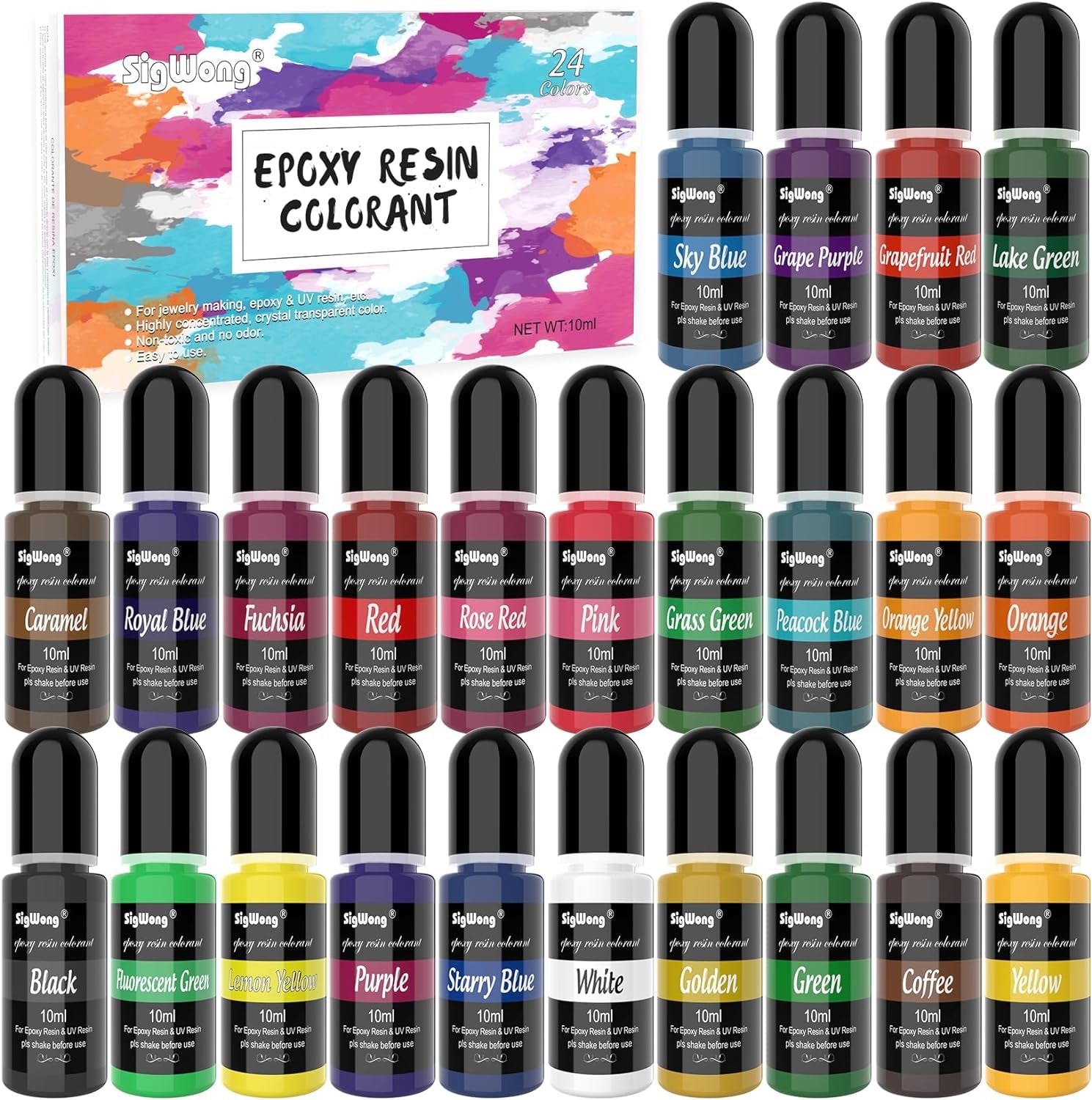 Epoxy Resin Pigment - 24 Colors Liquid Translucent Epoxy Resin Colorant, Highly Concentrated Dye for DIY Jewelry Making, Paint, Craft - 6Ml Each, with 6 Colors Resin Glitter