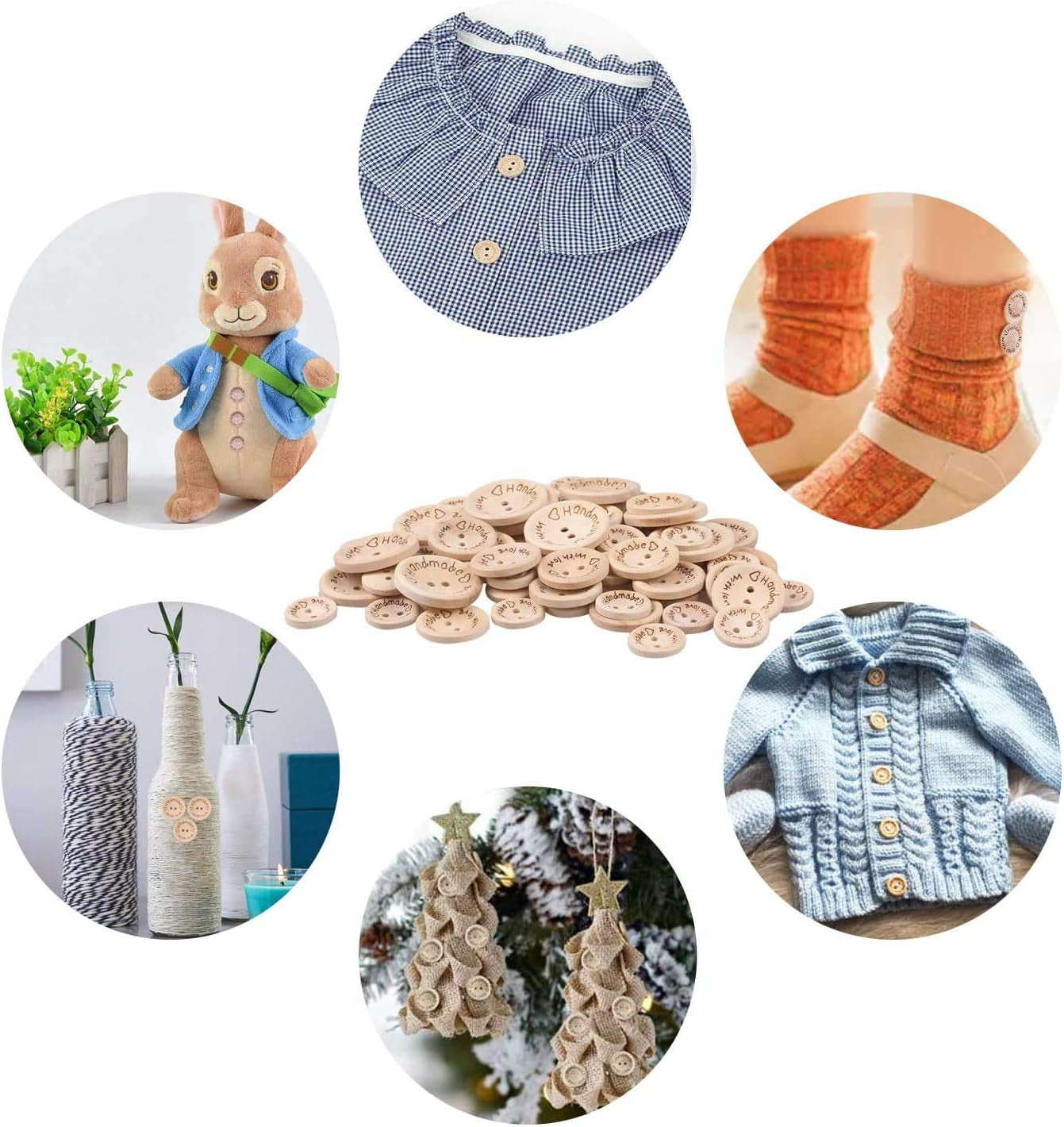 300 Pieces Wooden Handmade with Love round Craft Decor 2 Holes Wooden Sewing Buttons (15,20,25Mm)