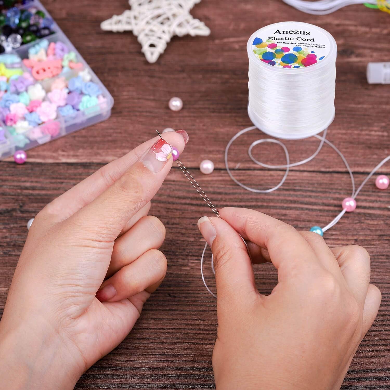 Stretchy String for Bracelets,  Elastic String Jewelry Bead Cord with 2Pcs Large Eye Beading Needles for Seed Beads, Pony Beads, Bracelets and Jewelry Making White