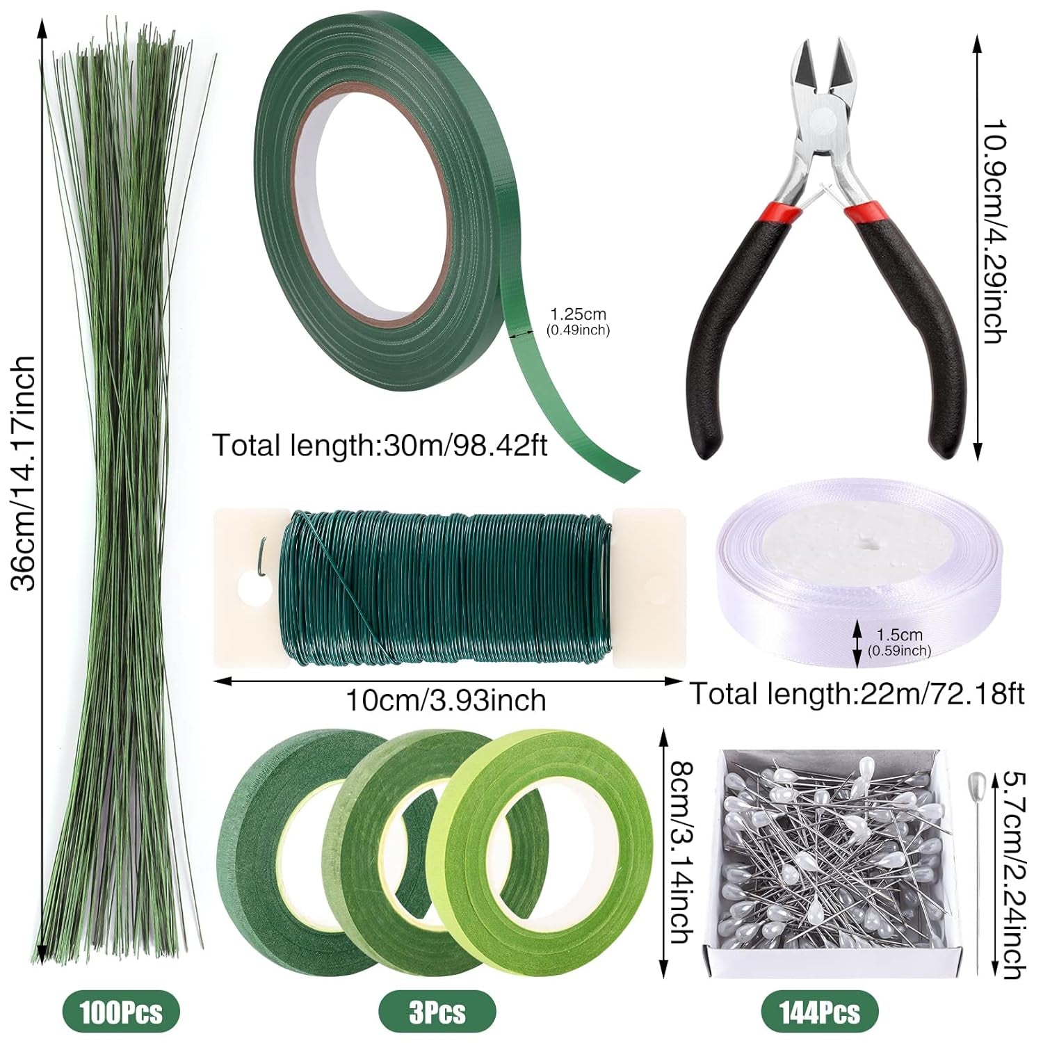 Floral Tape and Floral Wire Floral Arrangement Kit,Green Floral Tape and Boutonniere Pin White Ribbon Wire Cutter 22 Guage Floral Stem Wire for Wreath Making Supplies
