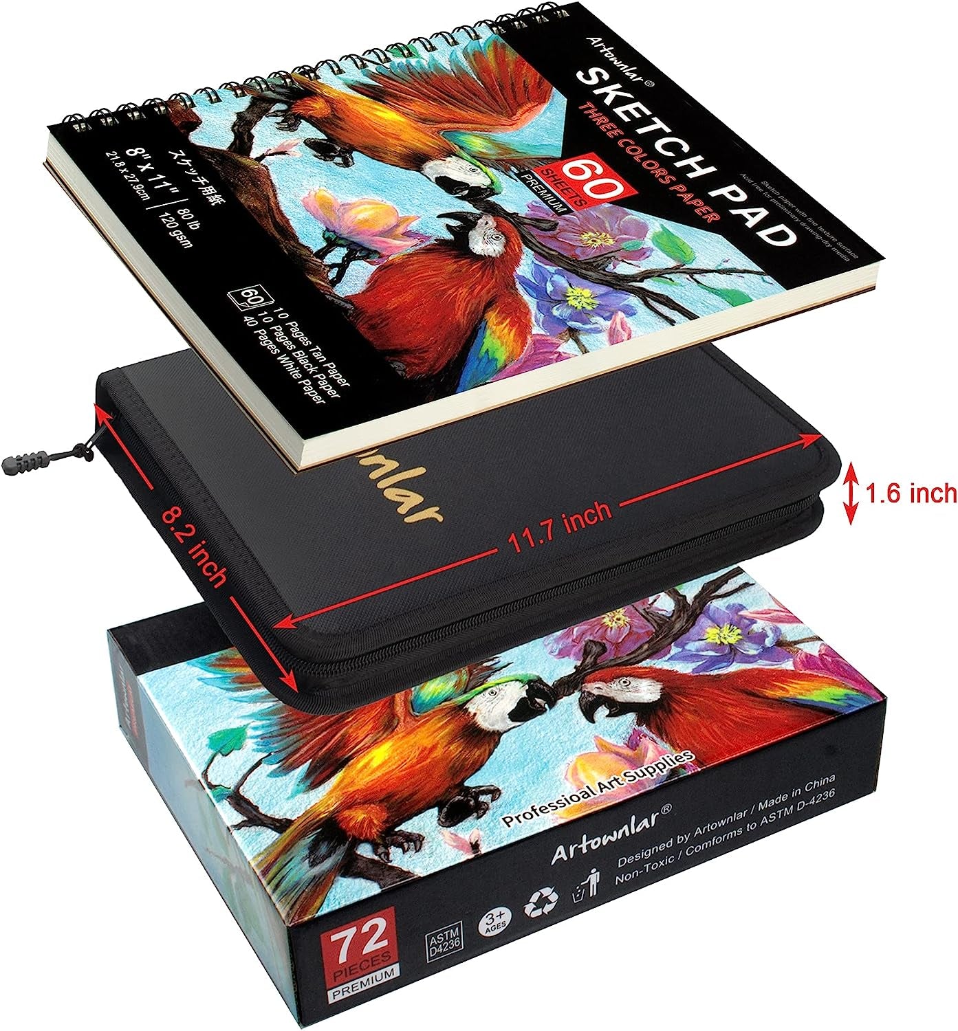 72 Pack Drawing Sketching Set with 8X11" Sketchbook | Pro Art Supplies Kit for Artist Adults Teens Beginner | Graphite Charcoal, Watercolor & Metallic Colored Pencils in Gift Case.