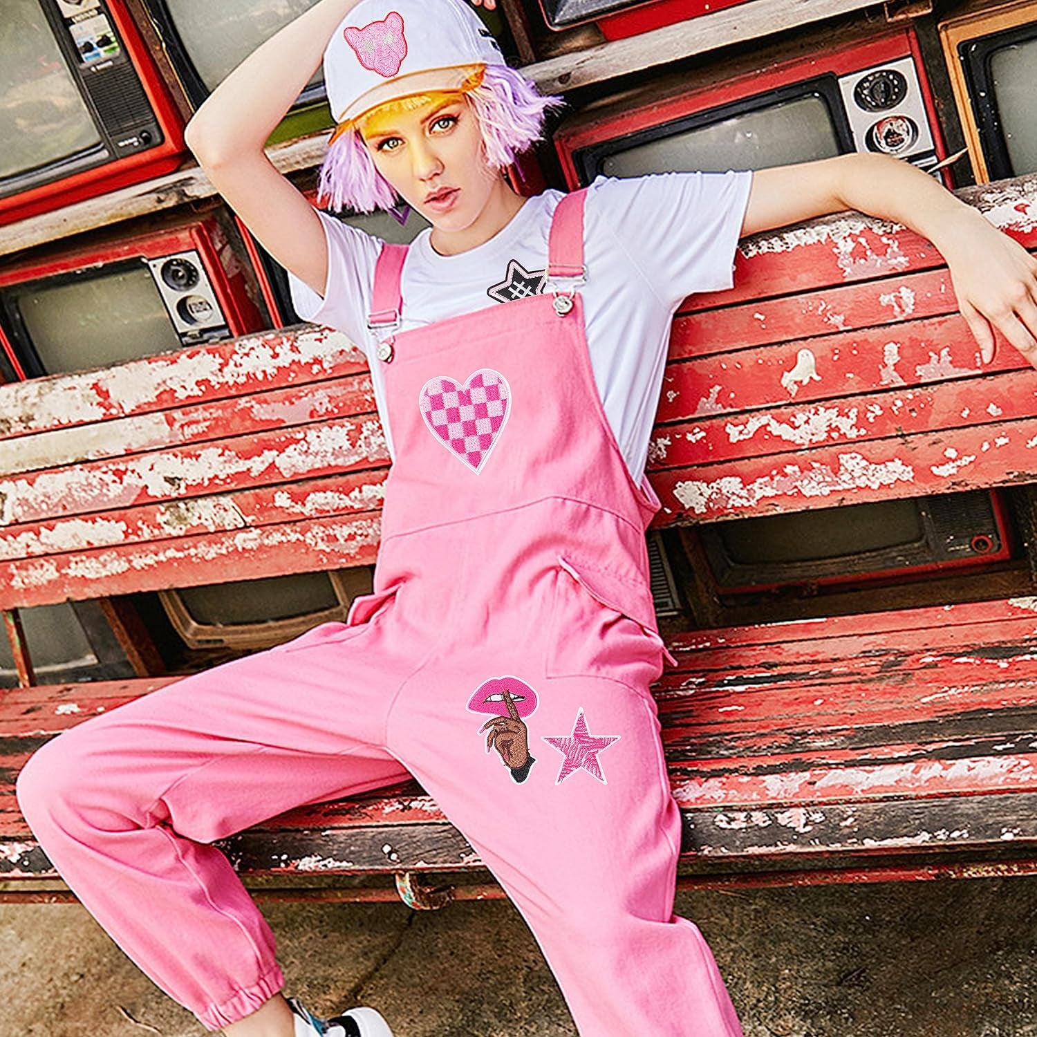 Embroidered Preppy Iron on Patches: 35PCS Pink Embroidery Sew on Applique Patch for Clothing