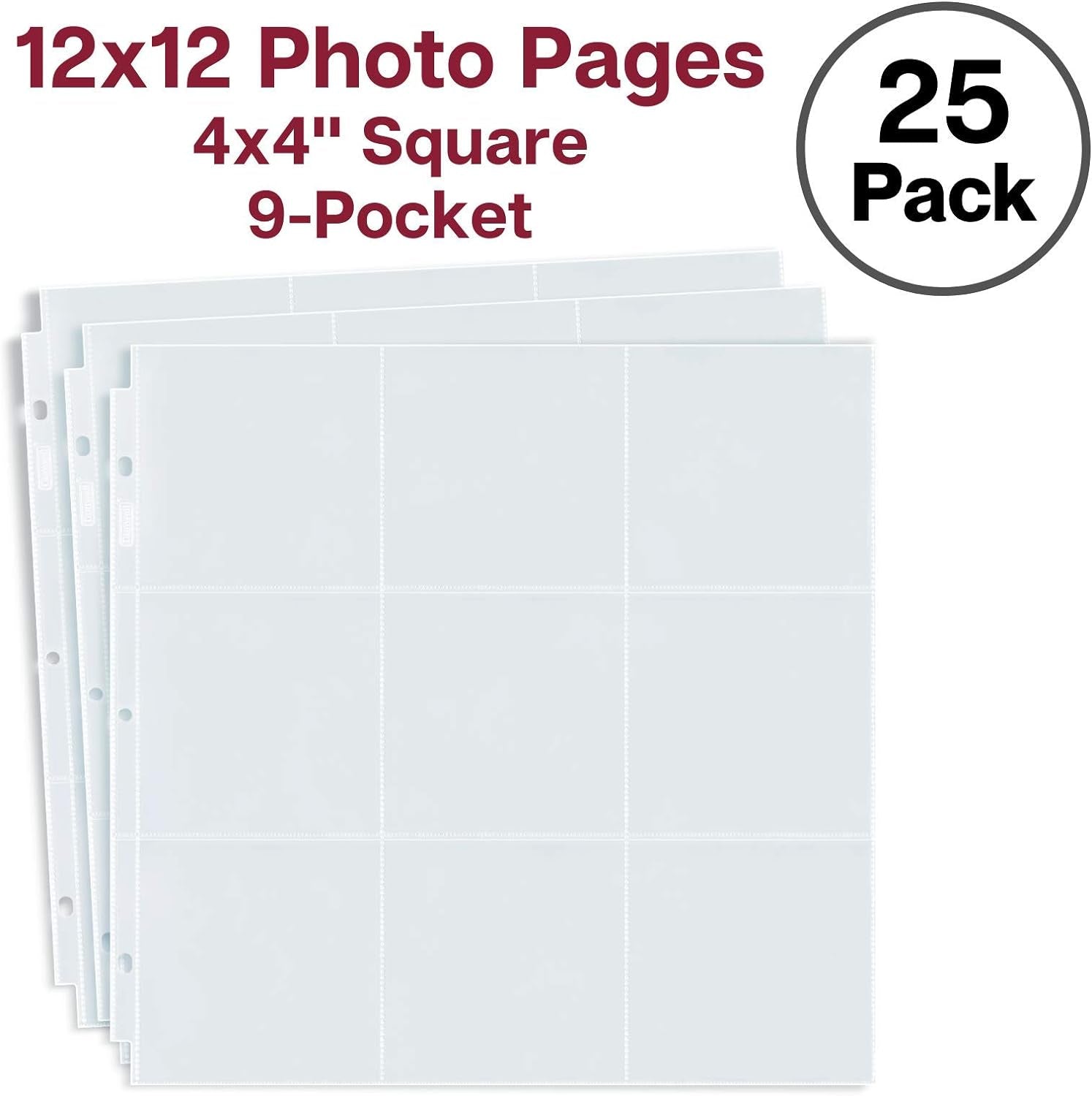 4X4 Photo Album Sleeves - Fits 12X12 3 Ring Album Binder (25 Pack), 12 X 12 Scrapbooking Pages with 9 Square Pockets, Picture Page Refill Hold 450 4 X 4 Prints, Archival Quality
