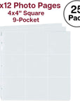 4X4 Photo Album Sleeves - Fits 12X12 3 Ring Album Binder (25 Pack), 12 X 12 Scrapbooking Pages with 9 Square Pockets, Picture Page Refill Hold 450 4 X 4 Prints, Archival Quality