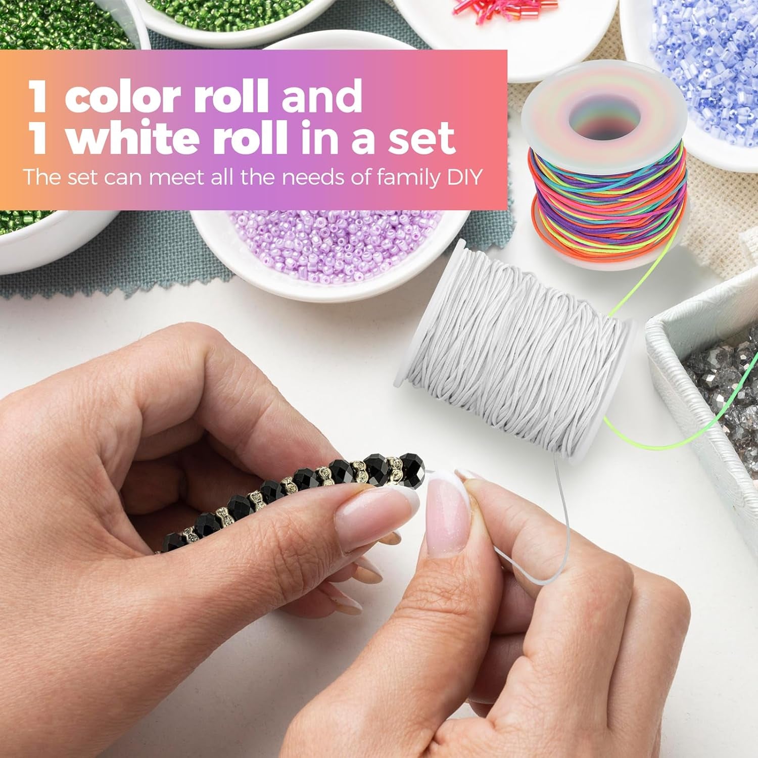 1Mm Rainbow Elastic String and 1Mm White Stretchy Bracelet String, Sturdy Elastic Cord Stretchy String for Bracelet Making, Jewelry Making, Beading(170 Ft Rainbow &amp; 170 Ft White)