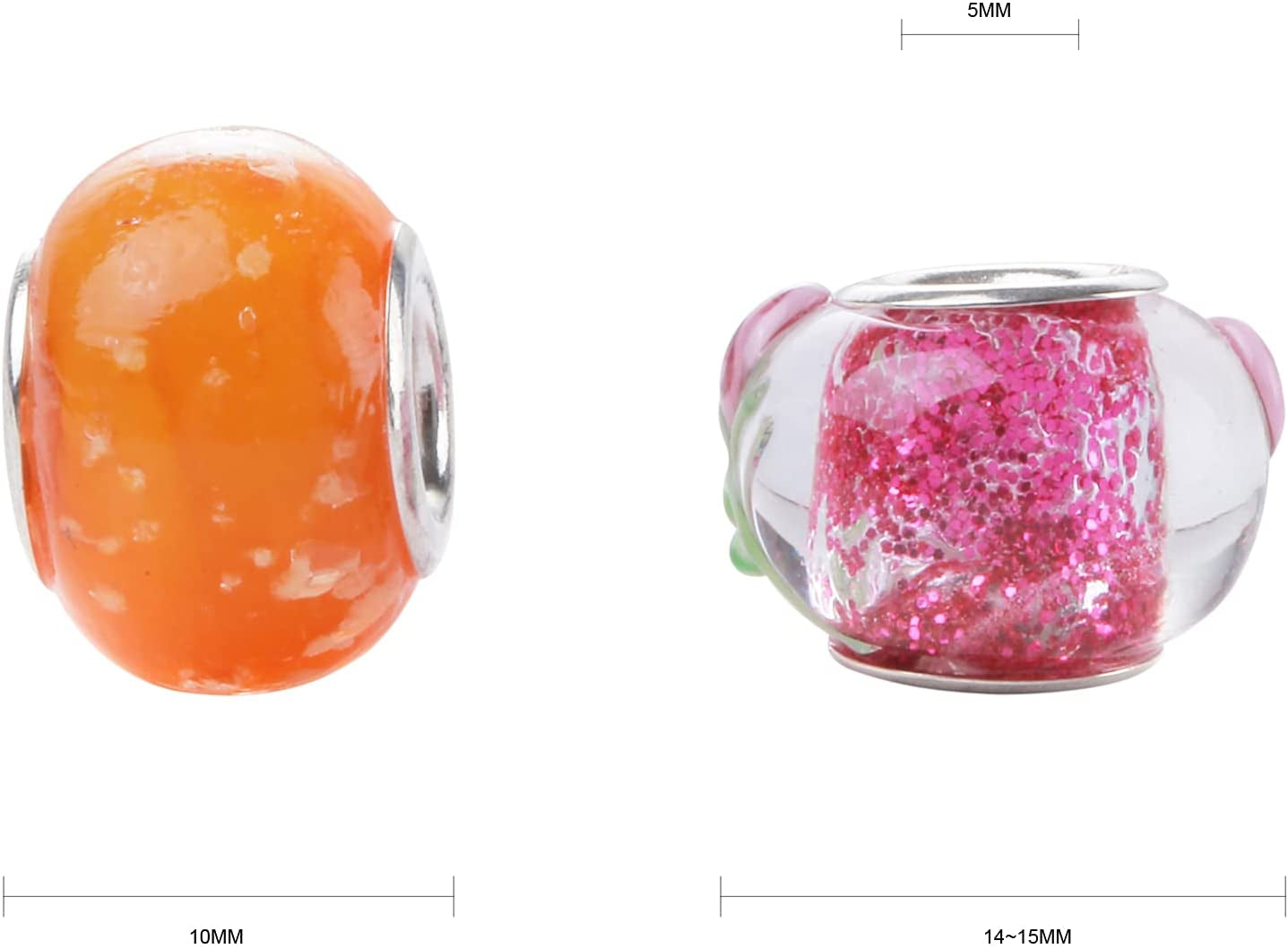 Murano Glass Beads Large Hole Glass Beads European Lampwork Spacer Charms Beads Silver Plated Cores Bracelet Charms for DIY Crafts Jewelry Making 50 Pcs Mixed