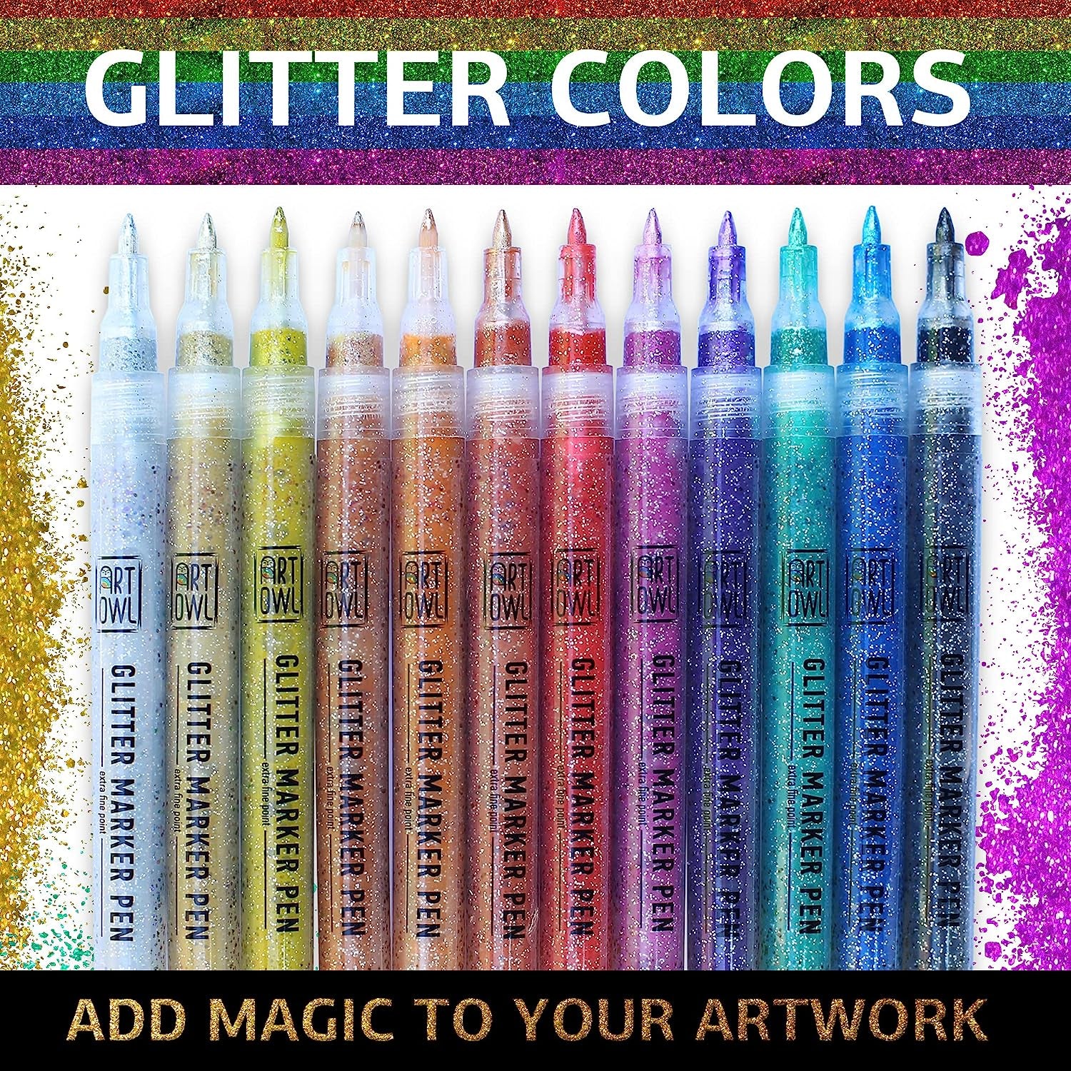 Acrylic Glitter Paint Marker Pens, Ultra Fine Point 0.7Mm - Sparkle Paint Pens for Rock Painting, Stone, Ceramic Glass, Wood, Card Stock, Canvas, DIY Crafts - Set of 12