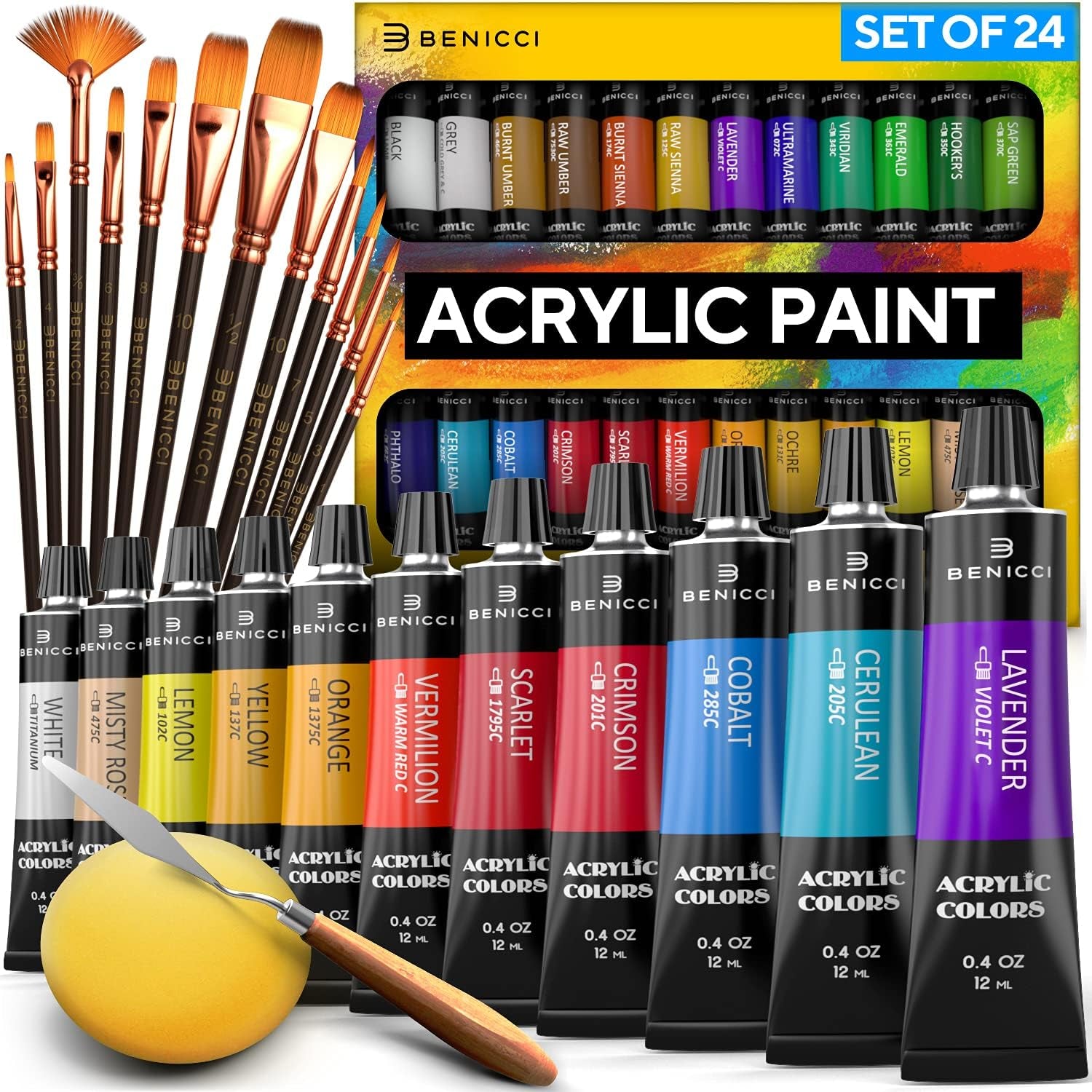 Complete Acrylic Paint Set – 24Х Rich Pigment Colors – 12X Art Brushes with Bonus Paint Art Knife & Sponge – for Painting Canvas, Clay, Ceramic & Crafts, Non-Toxic & Quick Dry – for Kids & Adults