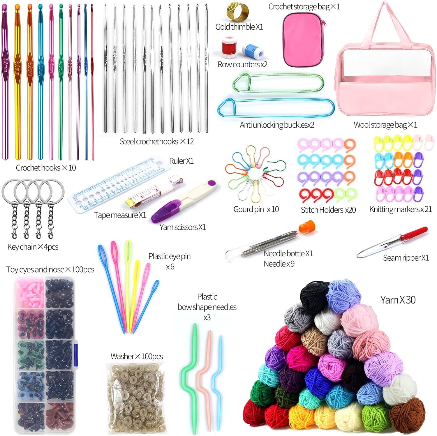 336Pcs Crochet Kit for Beginners, Crochet Kit with 1500 Yards 30 Colors Yarn for Crocheting, Beginner Crochet Kit for Adults Kids, Knitting Crochet Accessories Include 30Pcs Crochet Hooks Crochet Bag